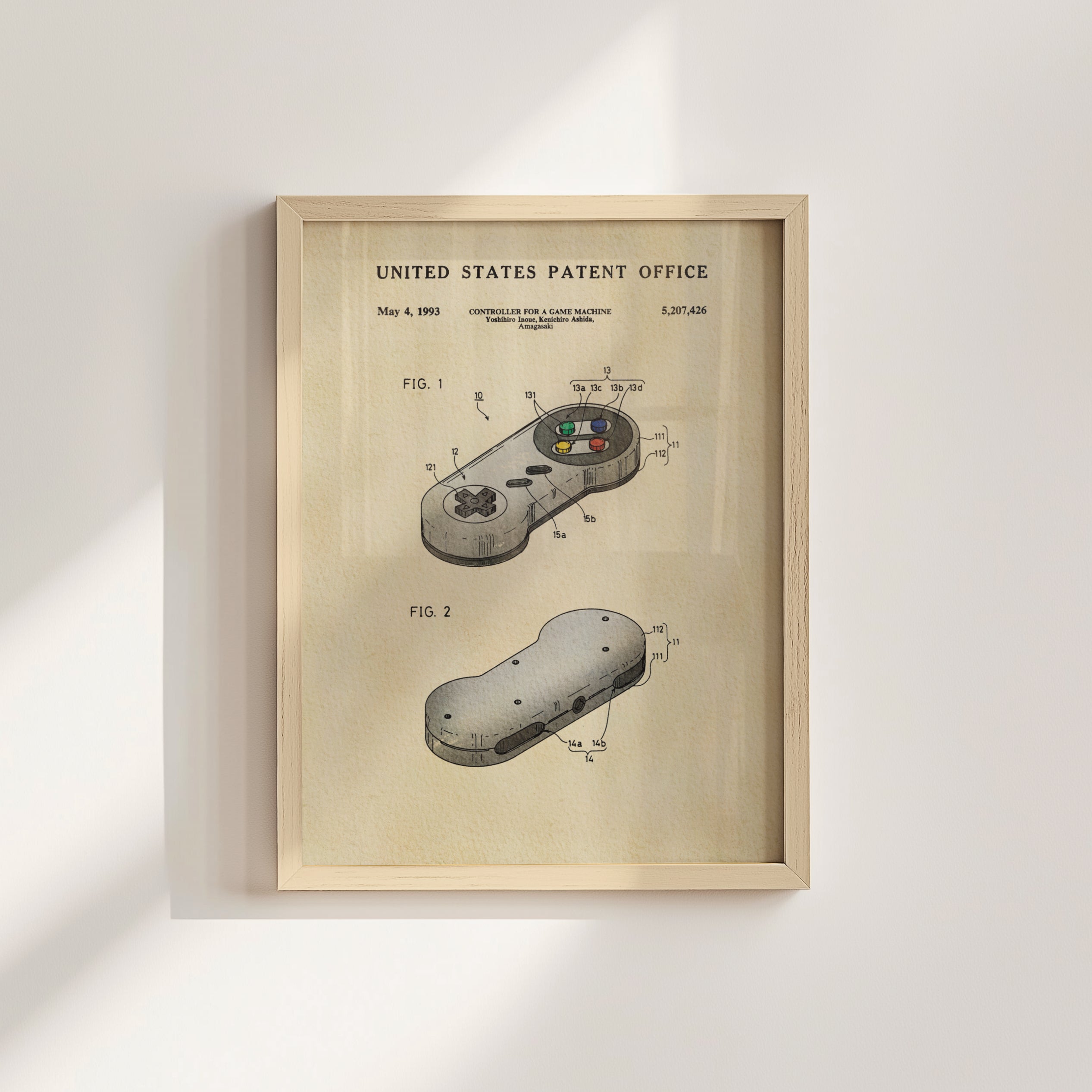 The image is a framed patent drawing of a video game controller, specifically a Nintendo controller, with technical drawings and specifications.