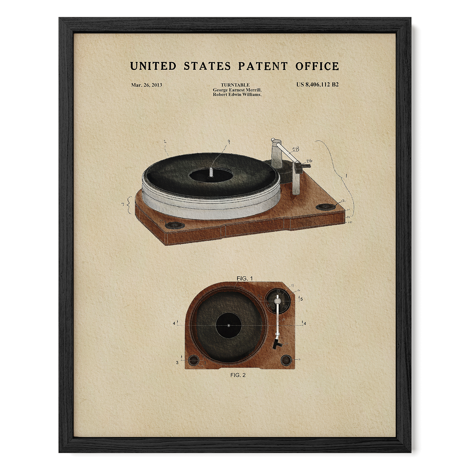 The image is a framed patent drawing of a turntable, depicting the design and features of the turntable in the United States Patent Office.