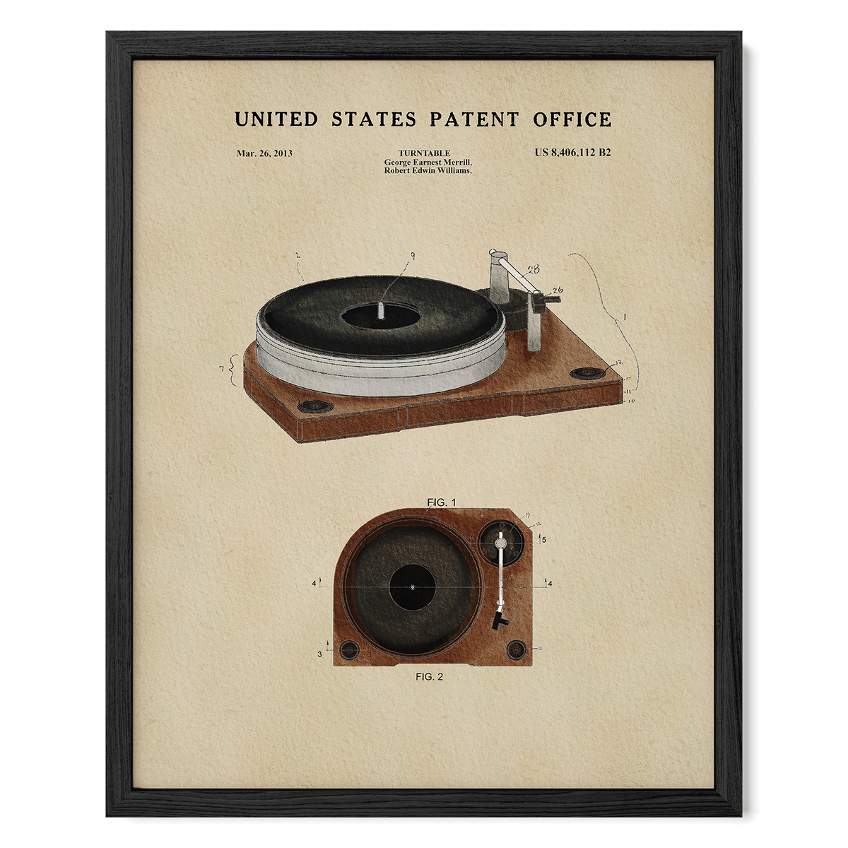 The image is a framed patent drawing of a turntable, depicting the design and features of the turntable in the United States Patent Office.
