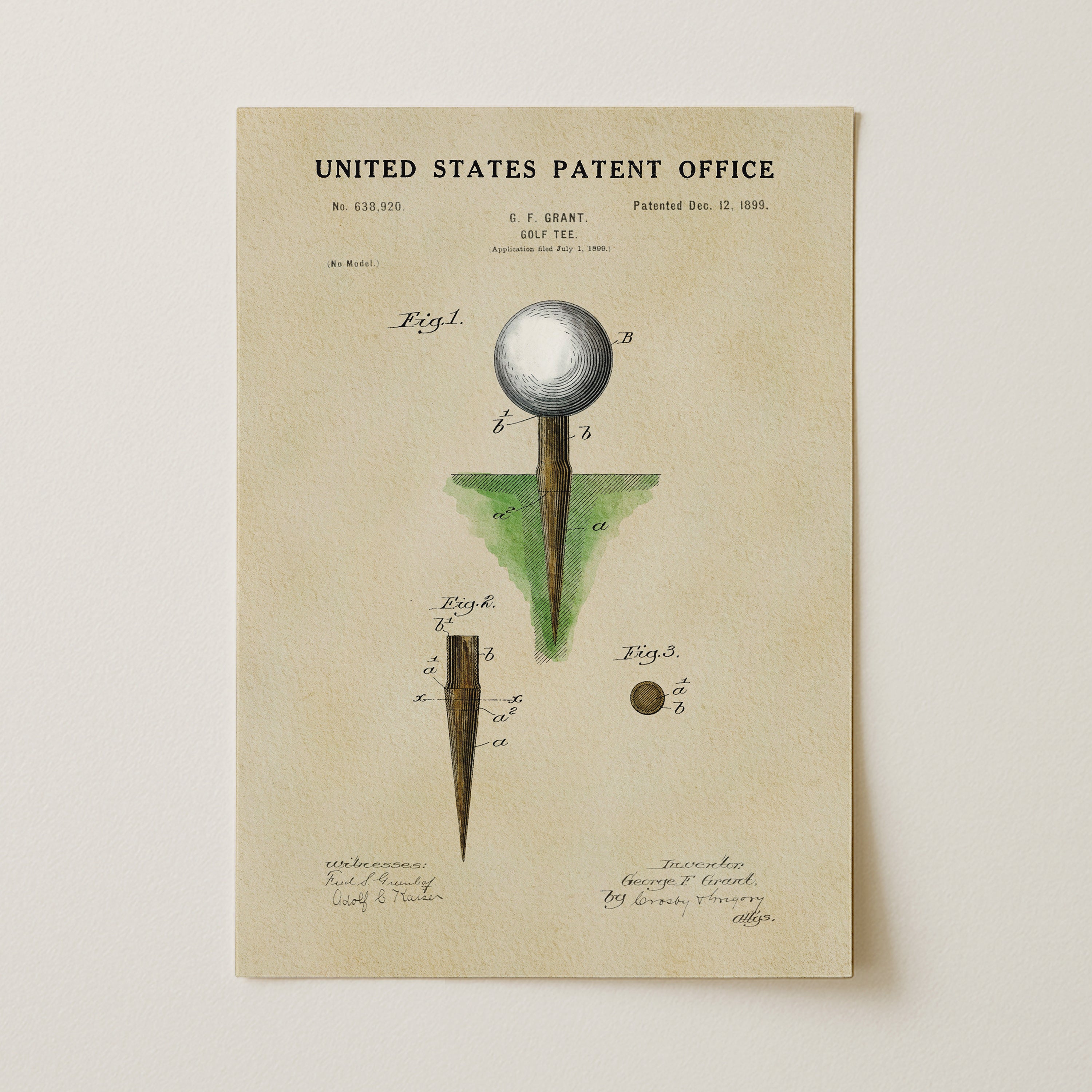 The image is a vintage United States patent office patent drawing depicting a golf club with a ball on a stick.