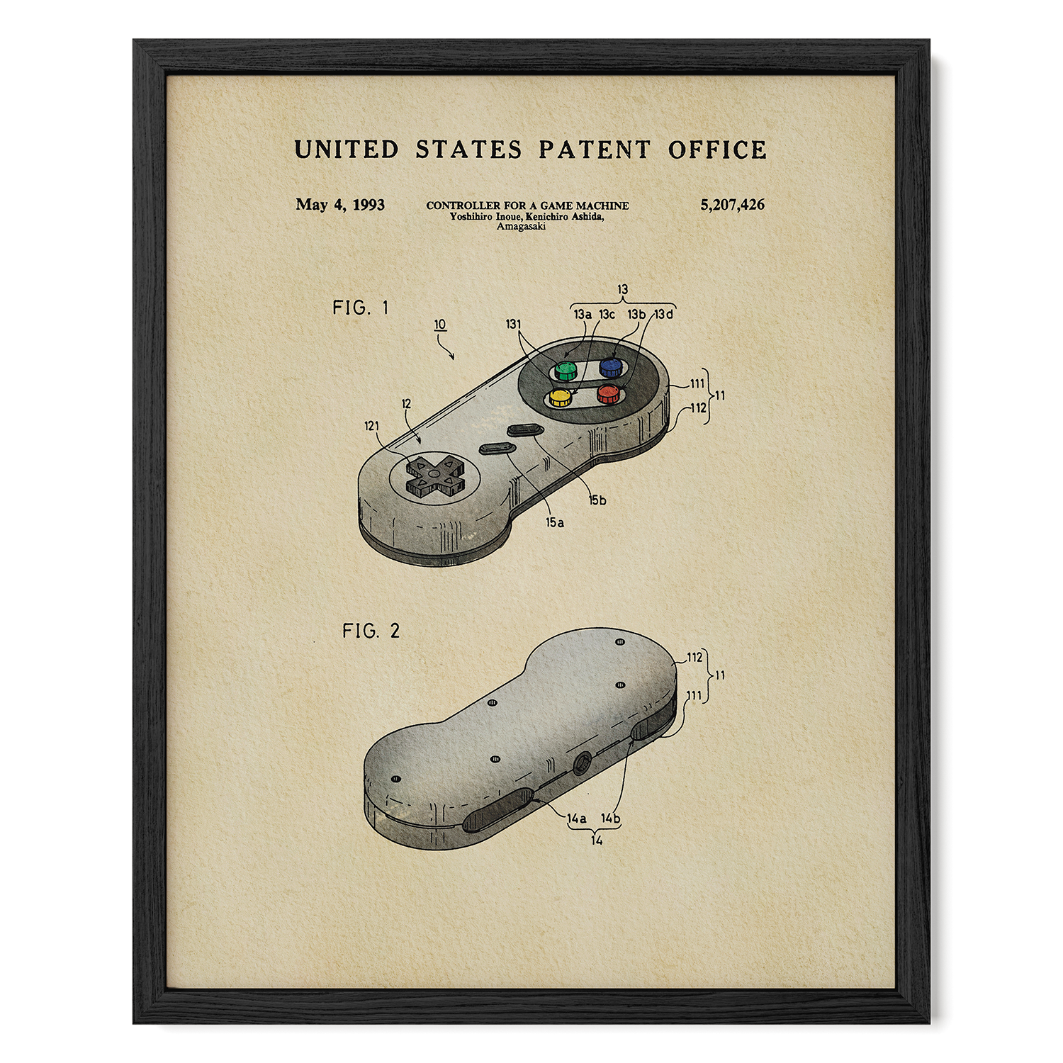The image is a framed patent drawing depicting a game controller, specifically a joystick, with various technical drawings and labels.
