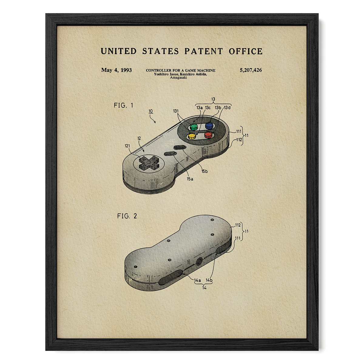 The image is a framed patent drawing depicting a game controller, specifically a joystick, with various technical drawings and labels.