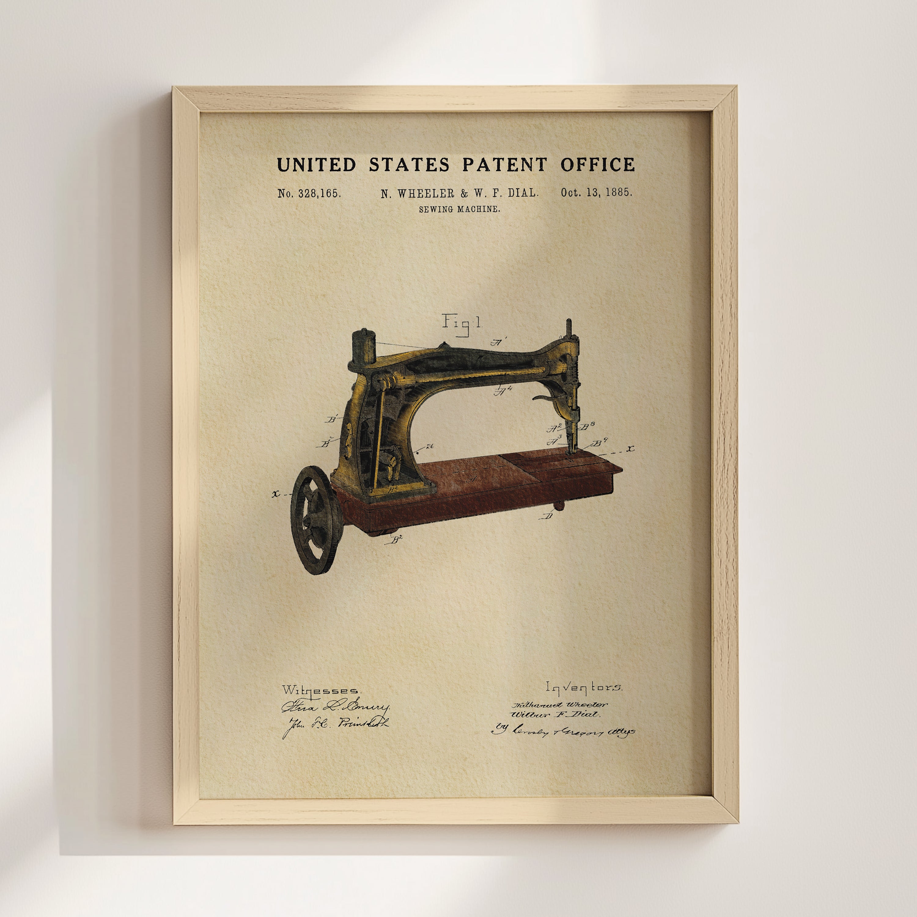The image is a framed print of a sewing machine patent from the United States Patent Office, dated October 13, 1885.