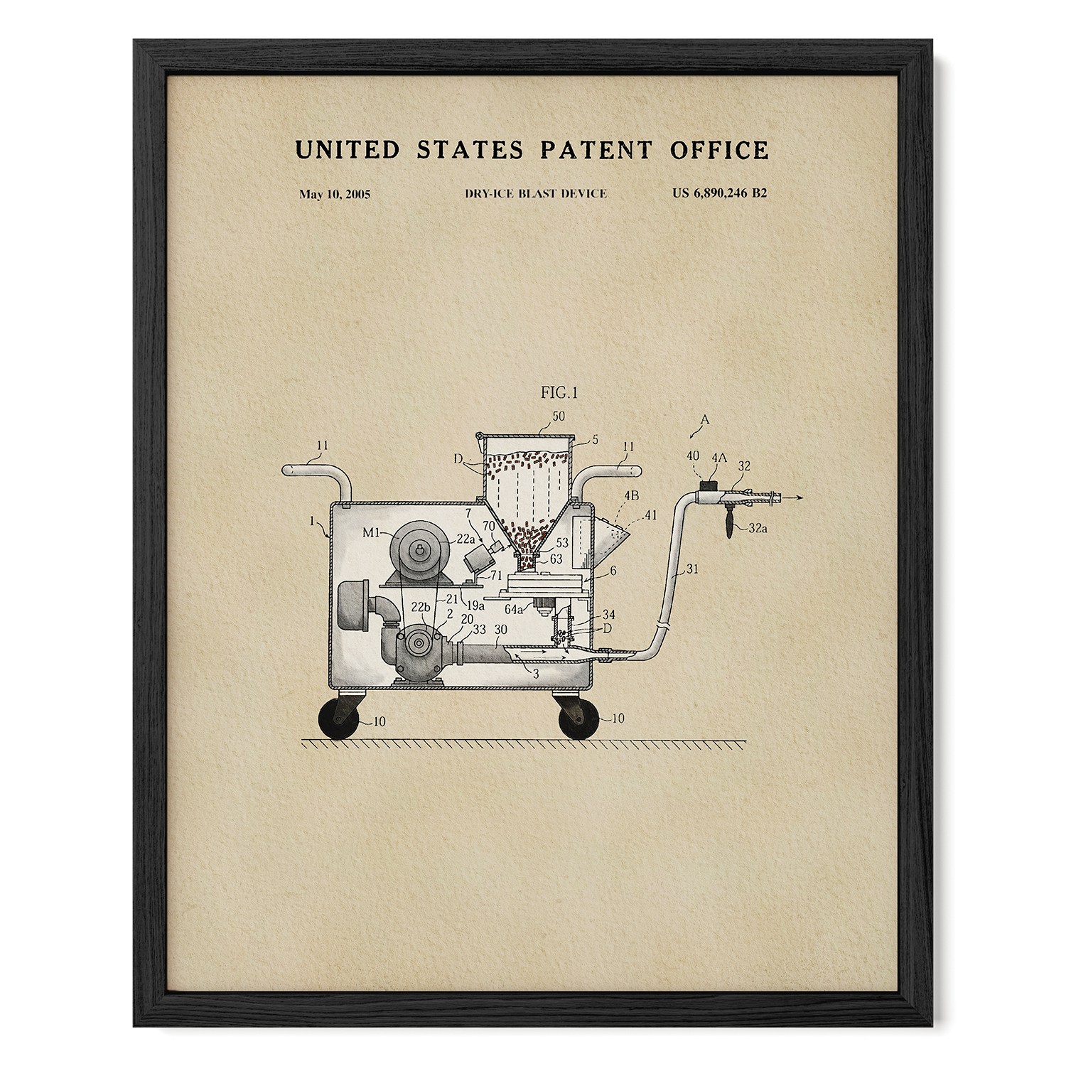 The image is a framed patent drawing depicting a machine or device with various components and parts, including a conveyor belt or cart.