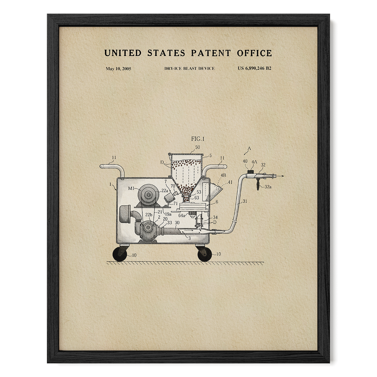 The image is a framed patent drawing depicting a machine or device with various components and parts, including a conveyor belt or cart.