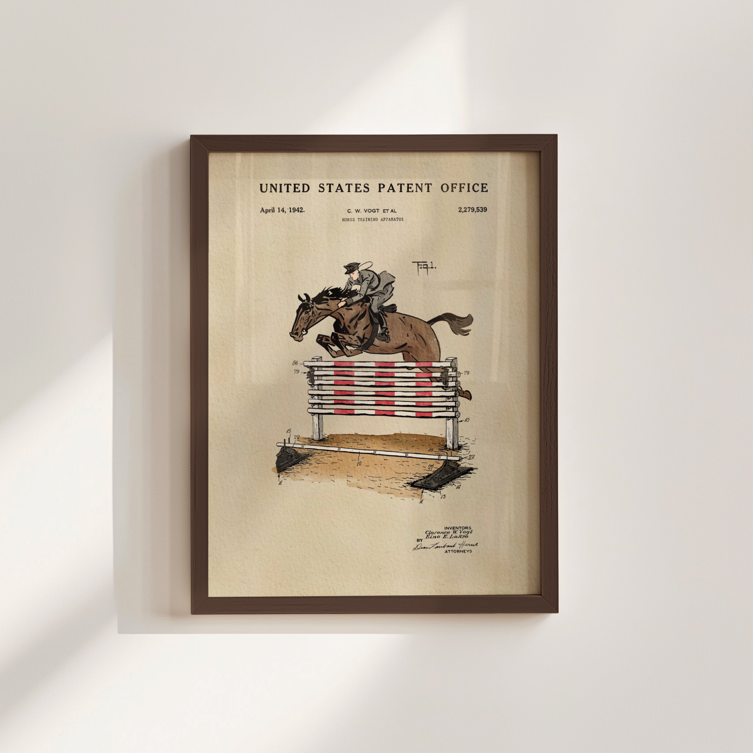 The image is a framed patent drawing depicting a horse jumping over a red and white striped obstacle.