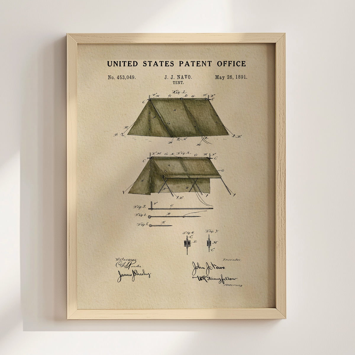 The image is a framed patent drawing depicting a tent design, with the title "United States Patent Office" and the date "May 28, 1901" visible.