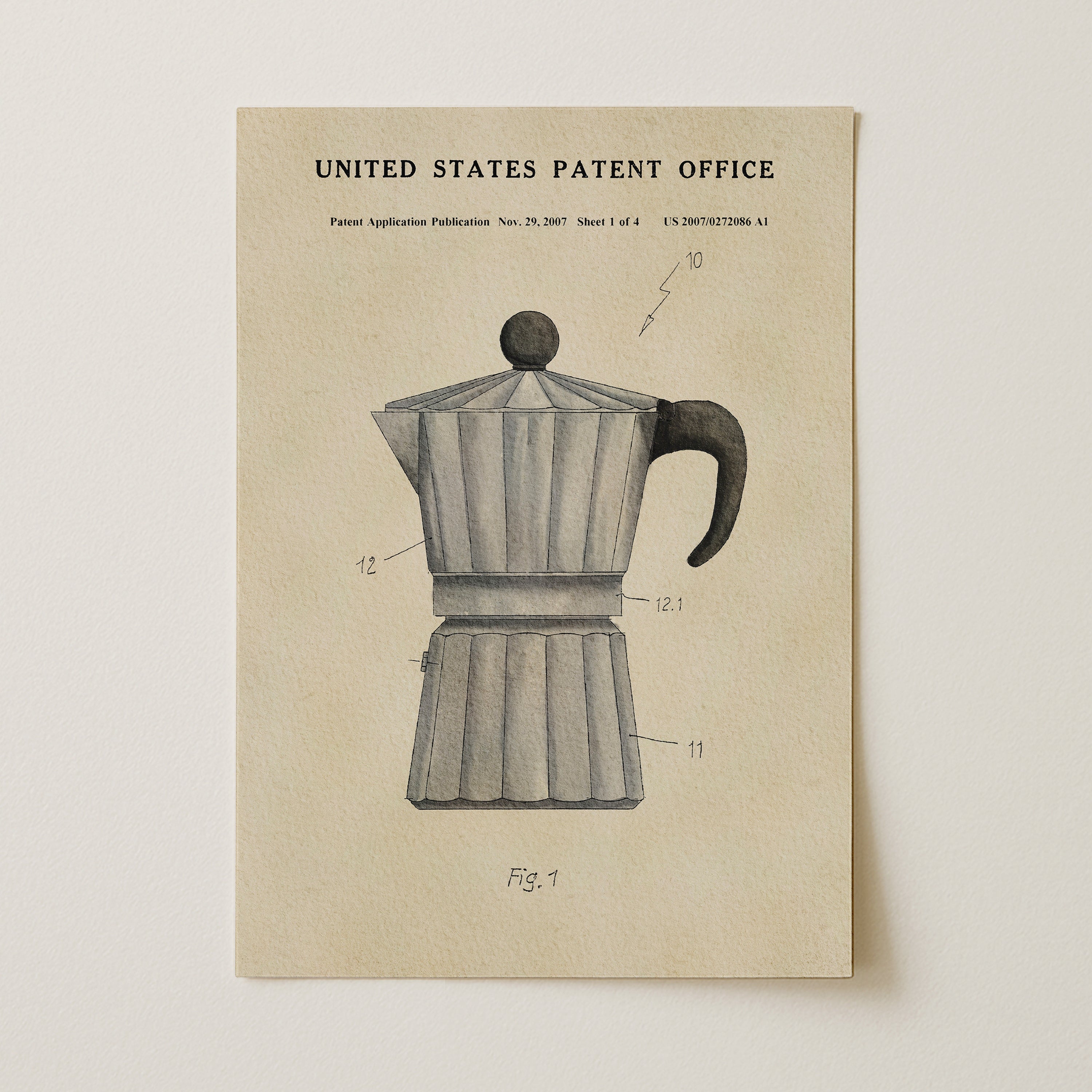 A technical drawing of a coffee maker, labeled as a patent application from the United States Patent Office.