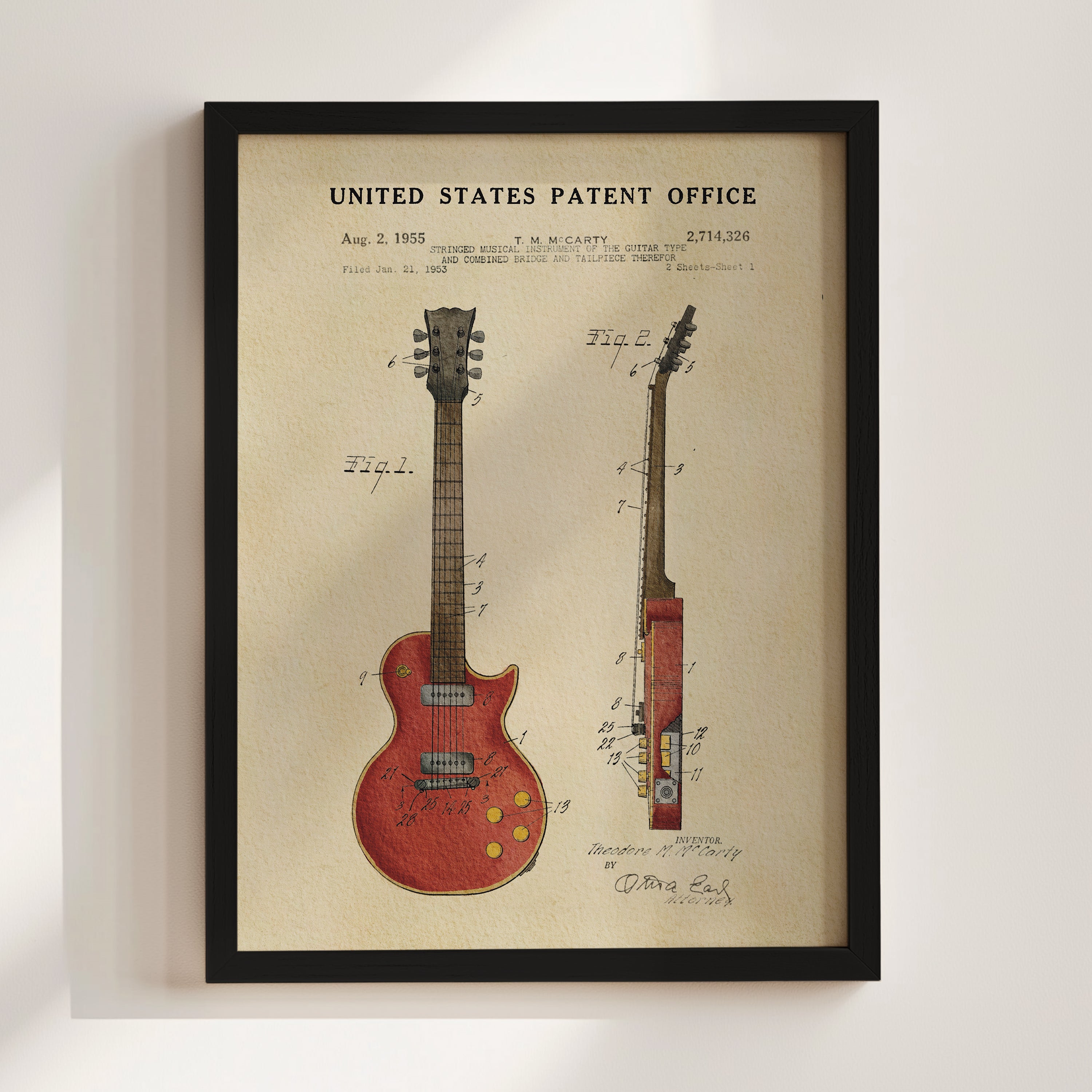 The image is a framed patent drawing of a red electric guitar, depicting the design and features of the guitar.