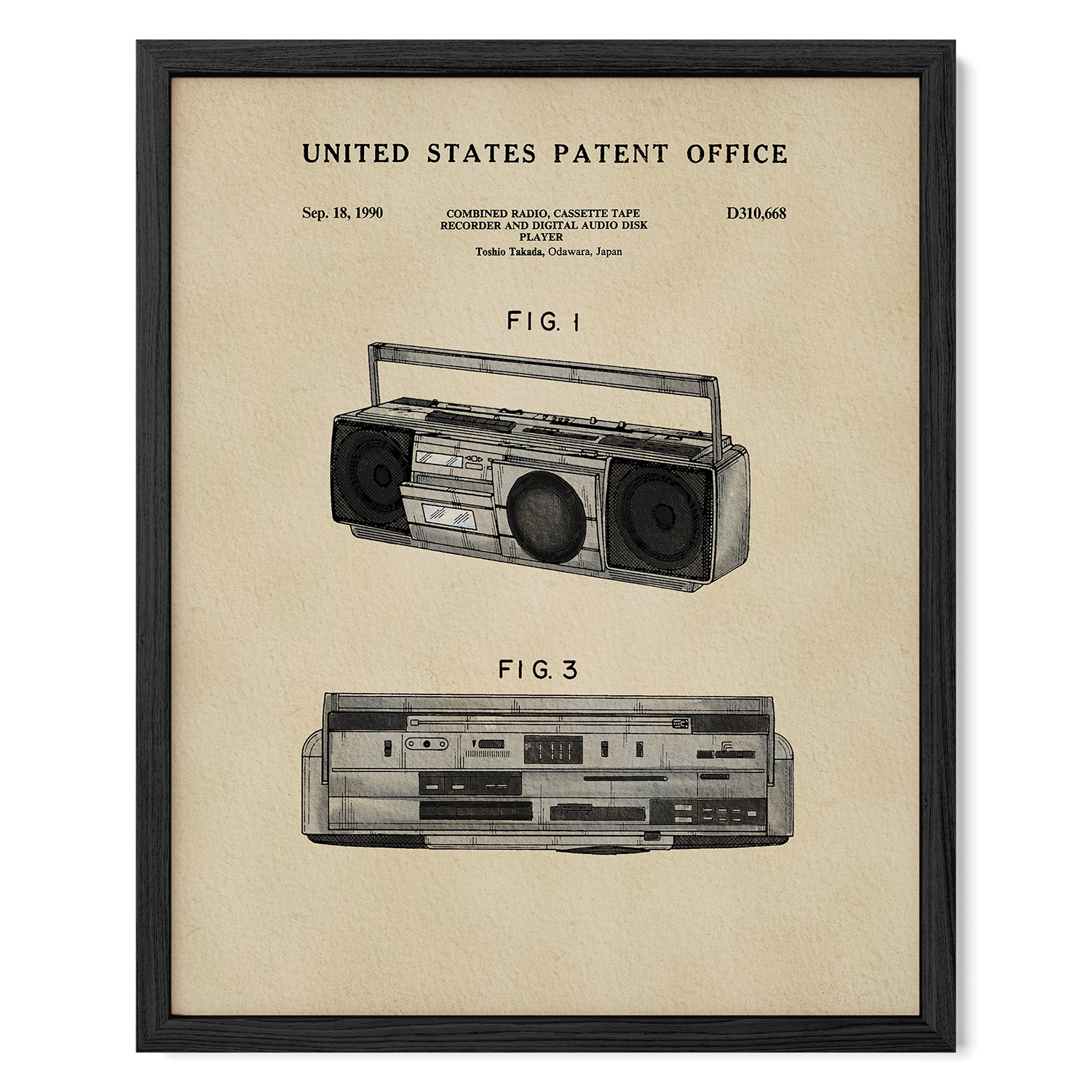 The image is a framed patent drawing of a boombox, depicting the design and features of the device.