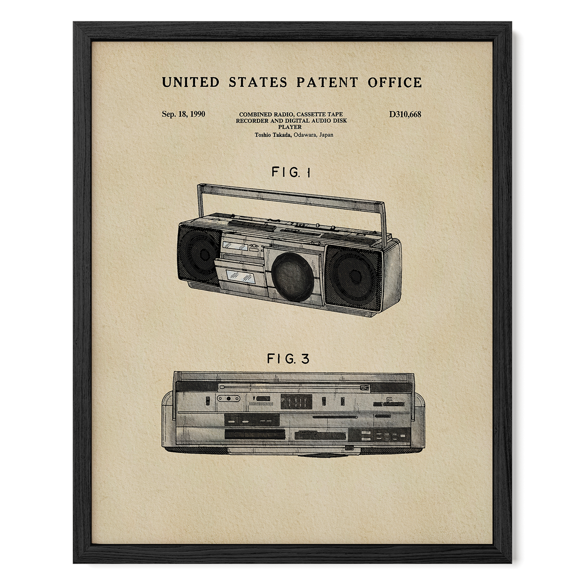 The image is a framed patent drawing of a boombox, depicting the design and features of the device.