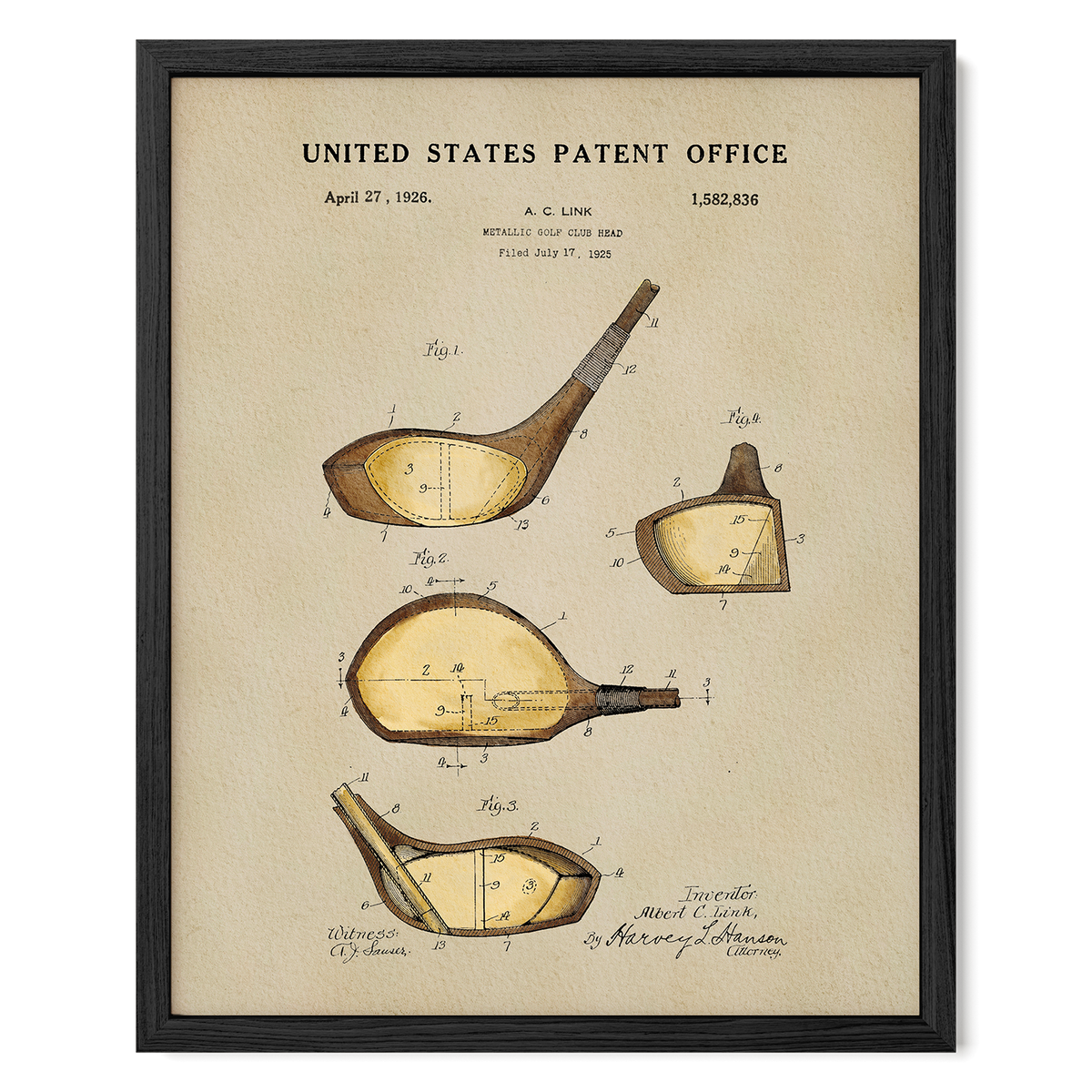 The image is a framed patent drawing depicting a golf club, specifically the club head, with various technical drawings and measurements.
