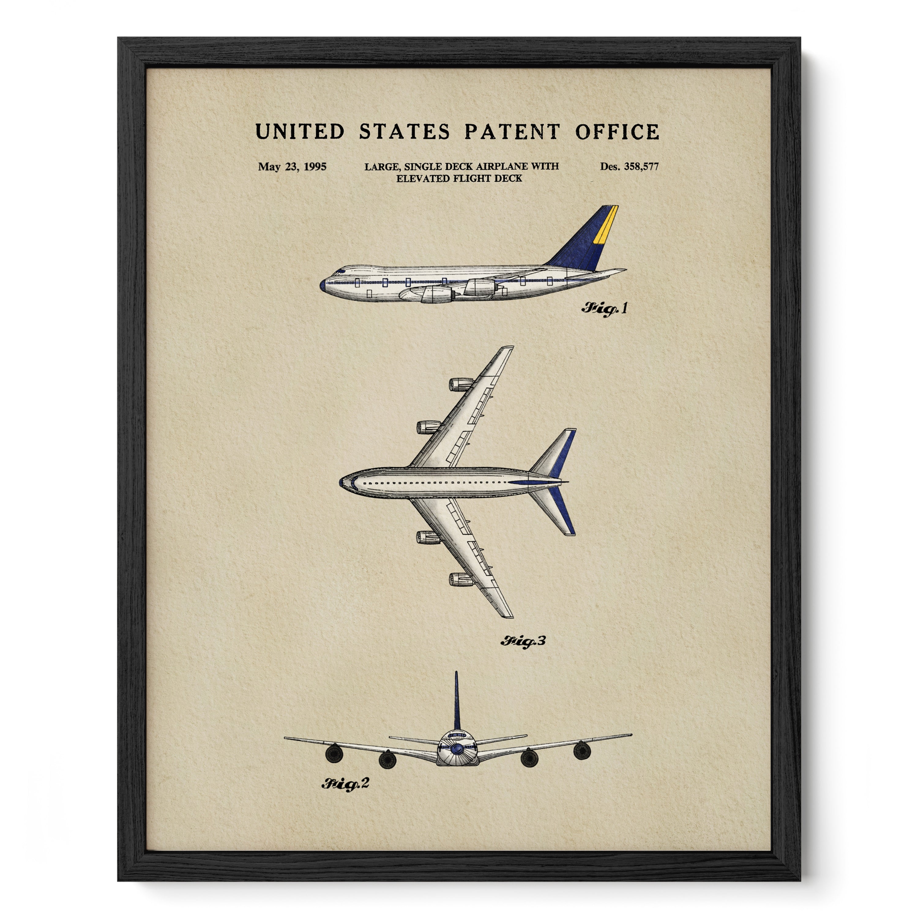 The image is a framed patent drawing depicting three different designs of a large, single-deck airplane with an elevated flight deck.