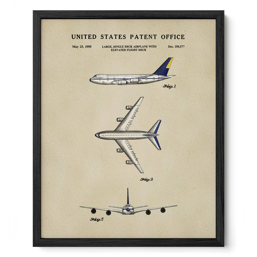 The image is a framed patent drawing depicting three different designs of a large, single-deck airplane with an elevated flight deck.