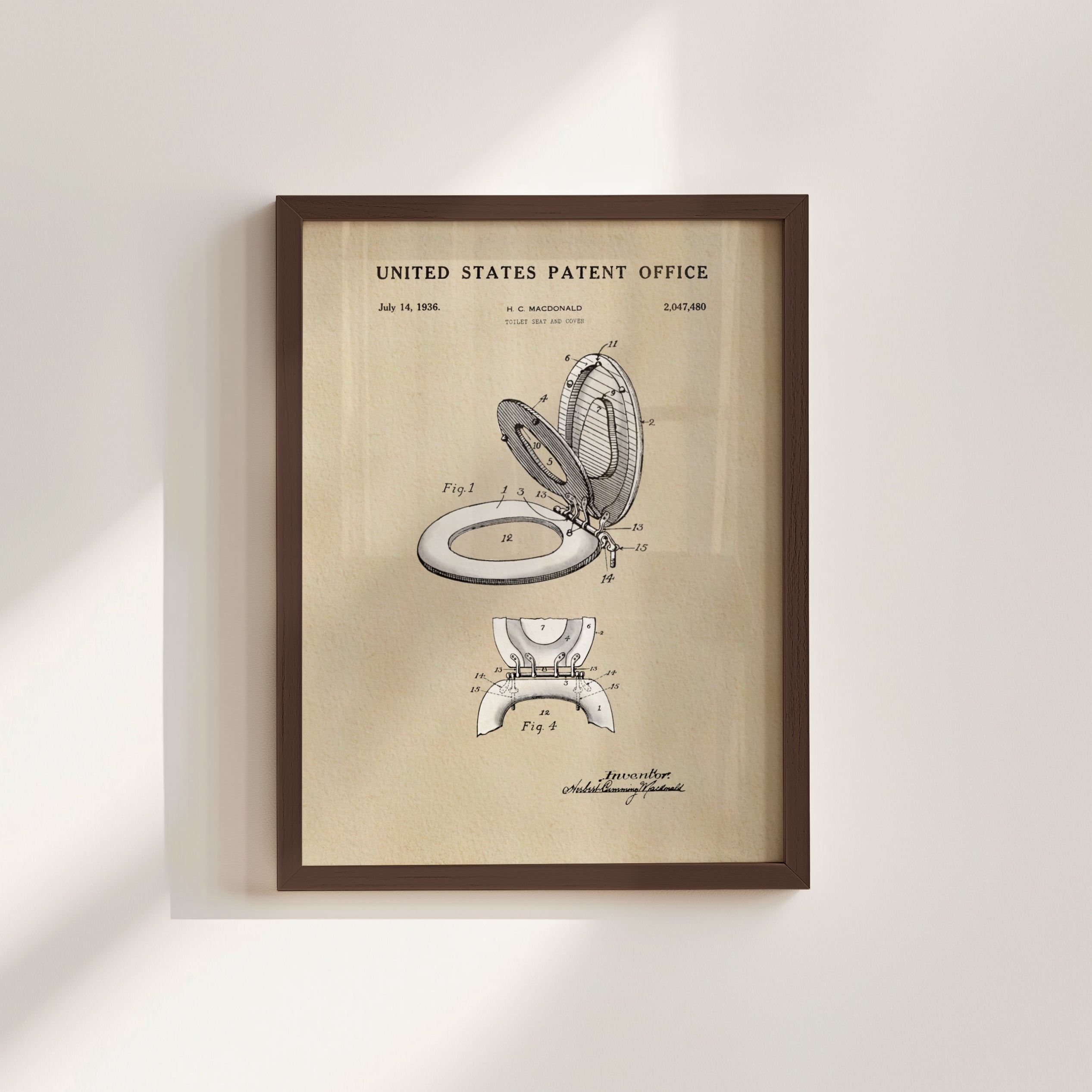 The image is a framed patent drawing of a toilet from the United States Patent Office, dated July 14, 1938.