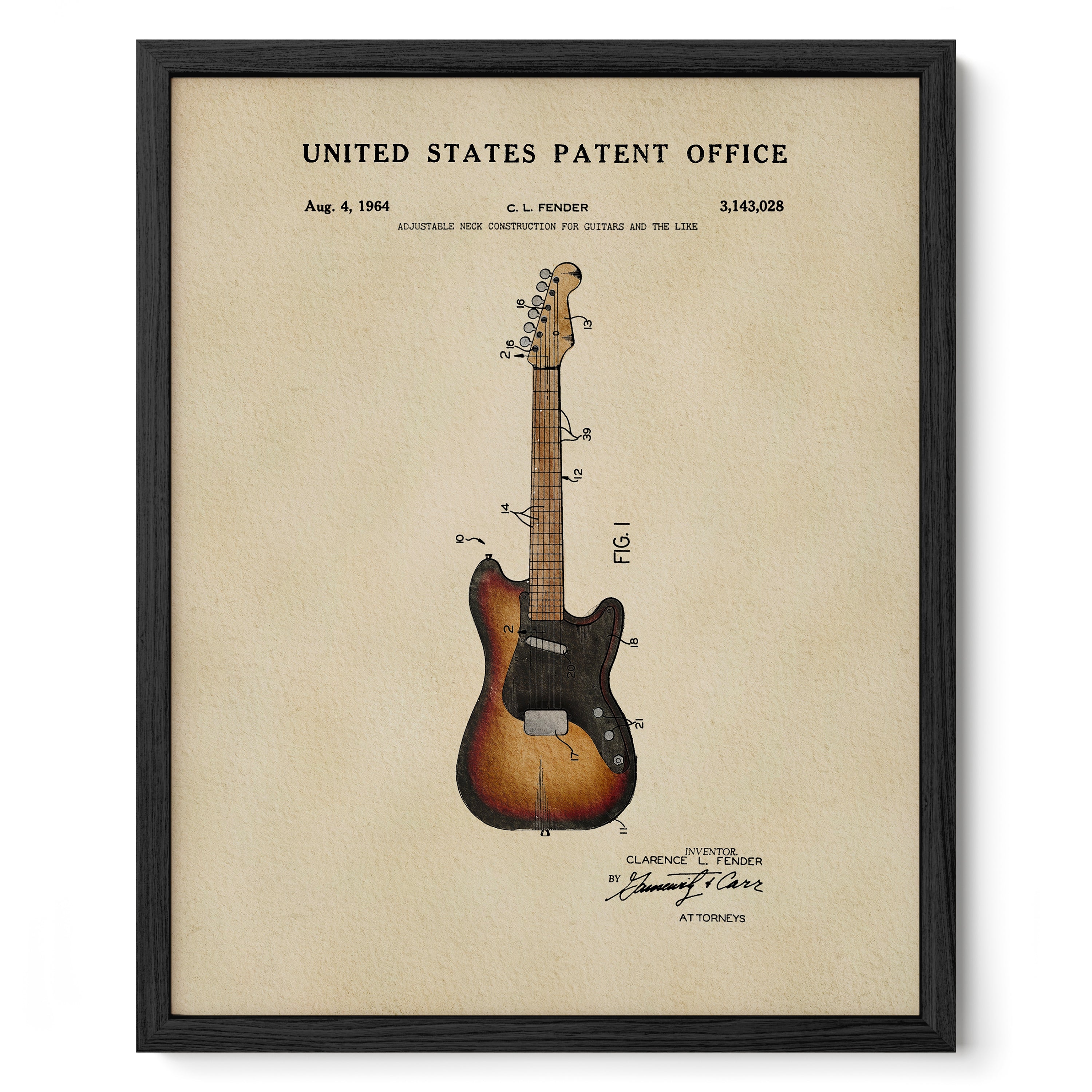 The image is a framed patent drawing of a guitar, depicting the design and construction of the guitar as described in the United States Patent Office patent filing.