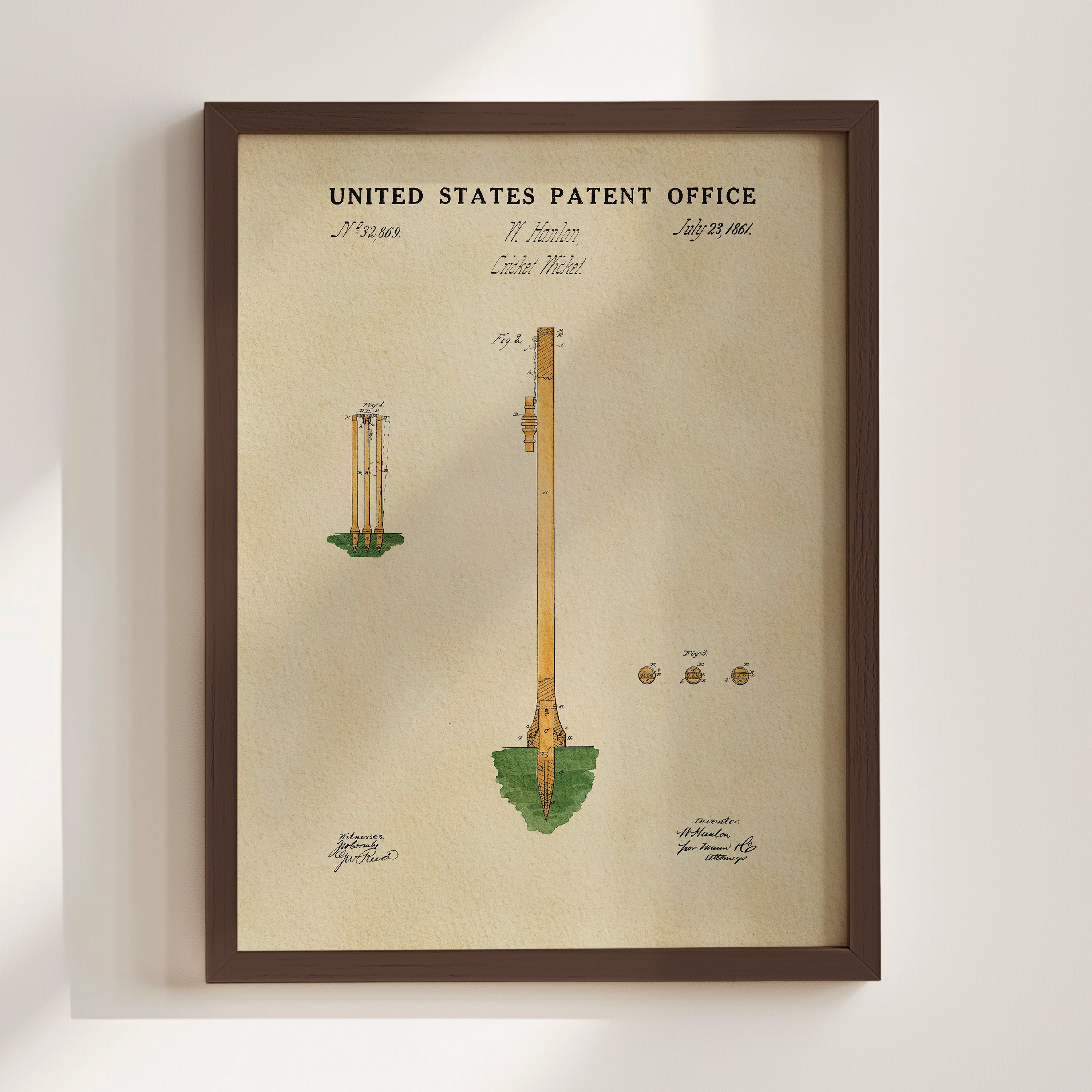 The image is a framed print of a United States patent office patent from August 23, 1961, depicting a tall, slender structure with a pointed top and a green base.