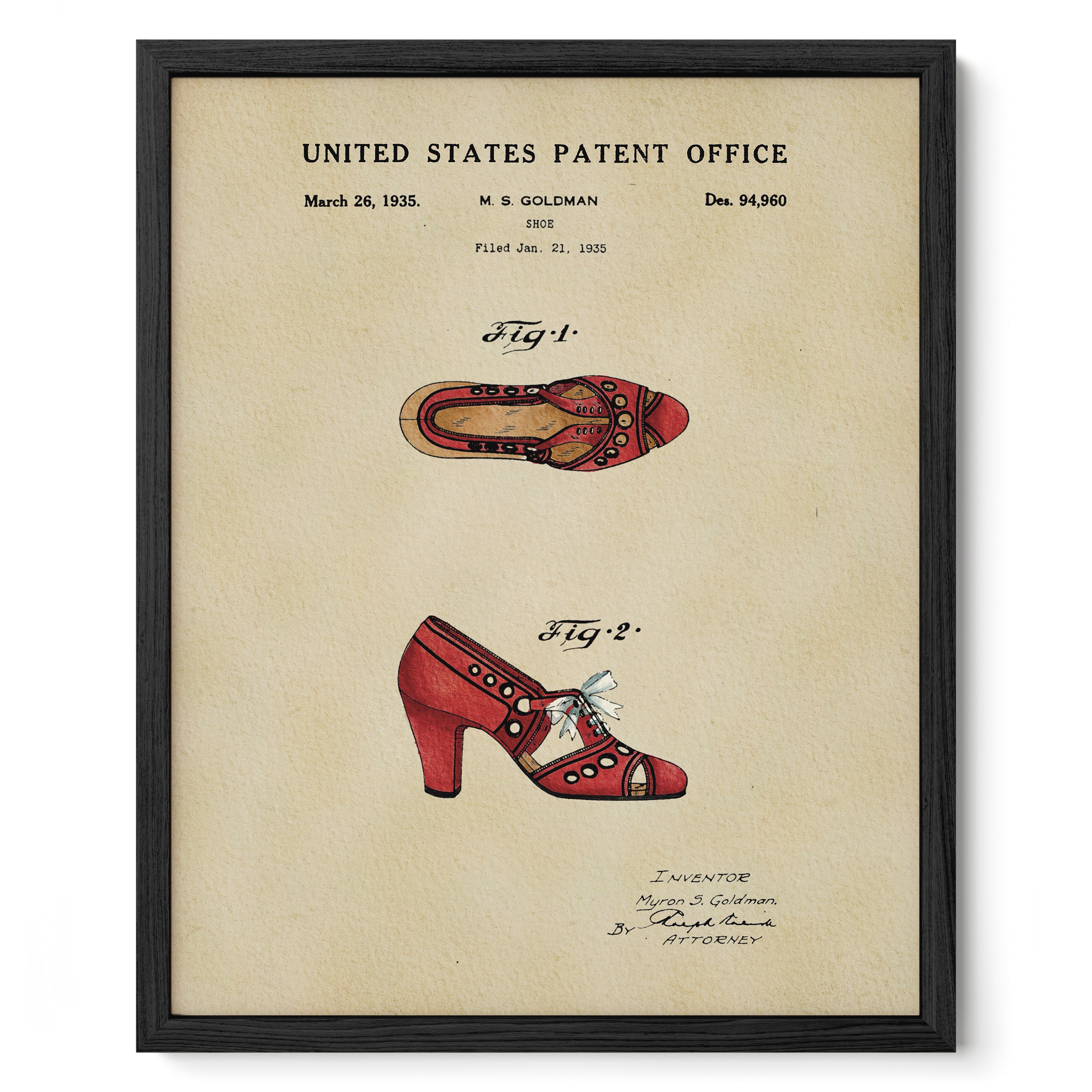 The image is a framed patent drawing depicting a pair of red high-heeled shoes with decorative elements.