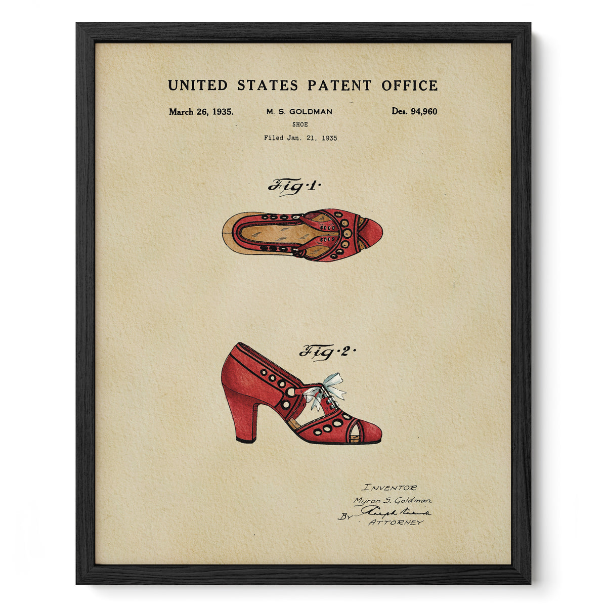 The image is a framed patent drawing depicting a pair of red high-heeled shoes with decorative elements.