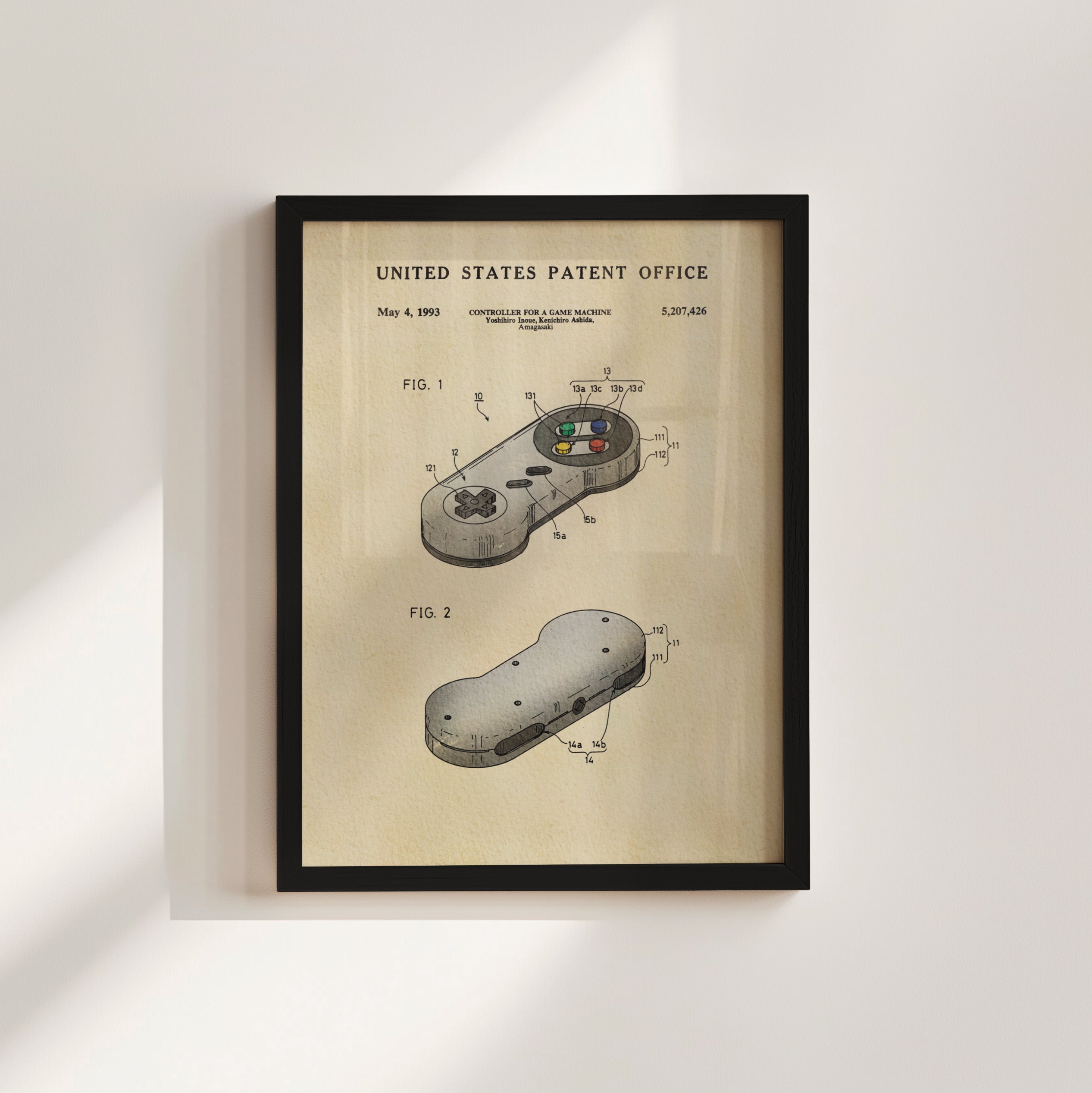 The image is a framed patent drawing of a Nintendo controller, specifically the Nunchuk, which is a key component of the Nintendo Wii gaming system.