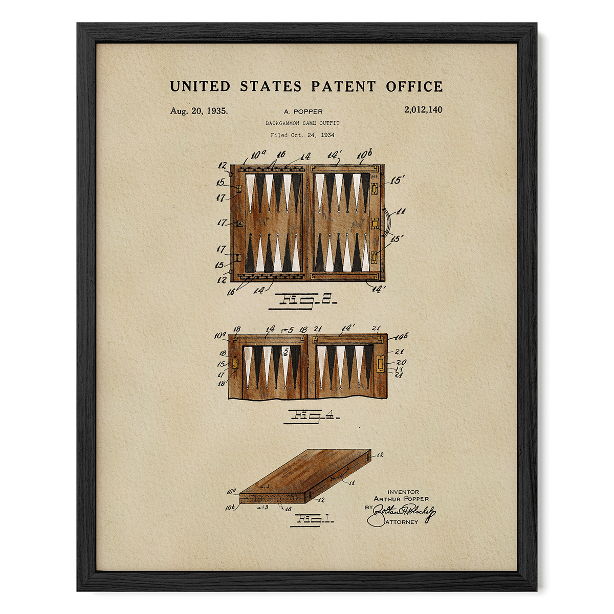 The image is a framed patent drawing of a backgammon game, depicting the game board and pieces in detail.