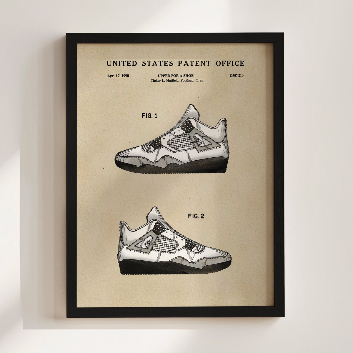 The image is a framed print of a patent filing for a shoe design, featuring two detailed illustrations of the shoe design.