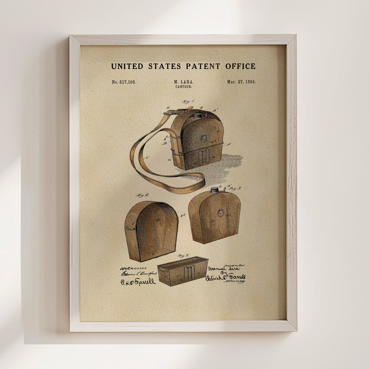 The image is a framed vintage patent drawing depicting a wooden bag or case with a strap, along with some technical drawings and text.