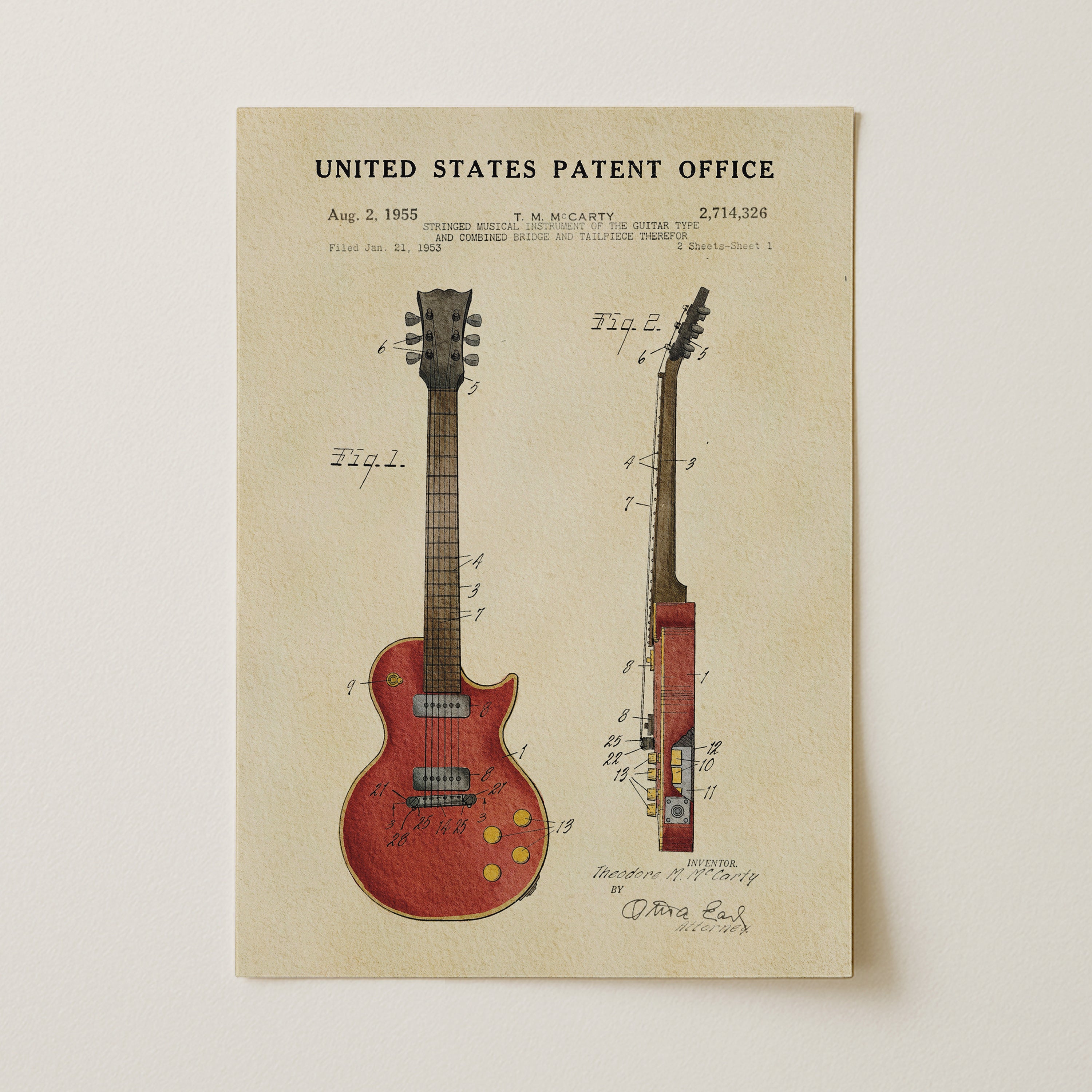 The image is a patent drawing of a red guitar, depicting the instrument's design and features.