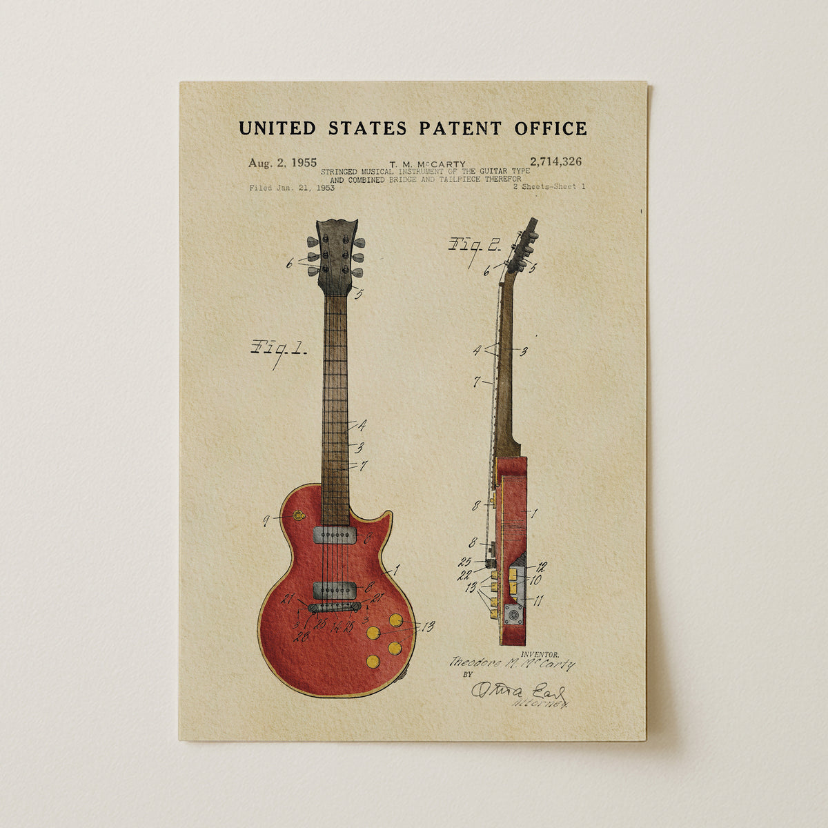 The image is a patent drawing of a red guitar, depicting the instrument's design and features.