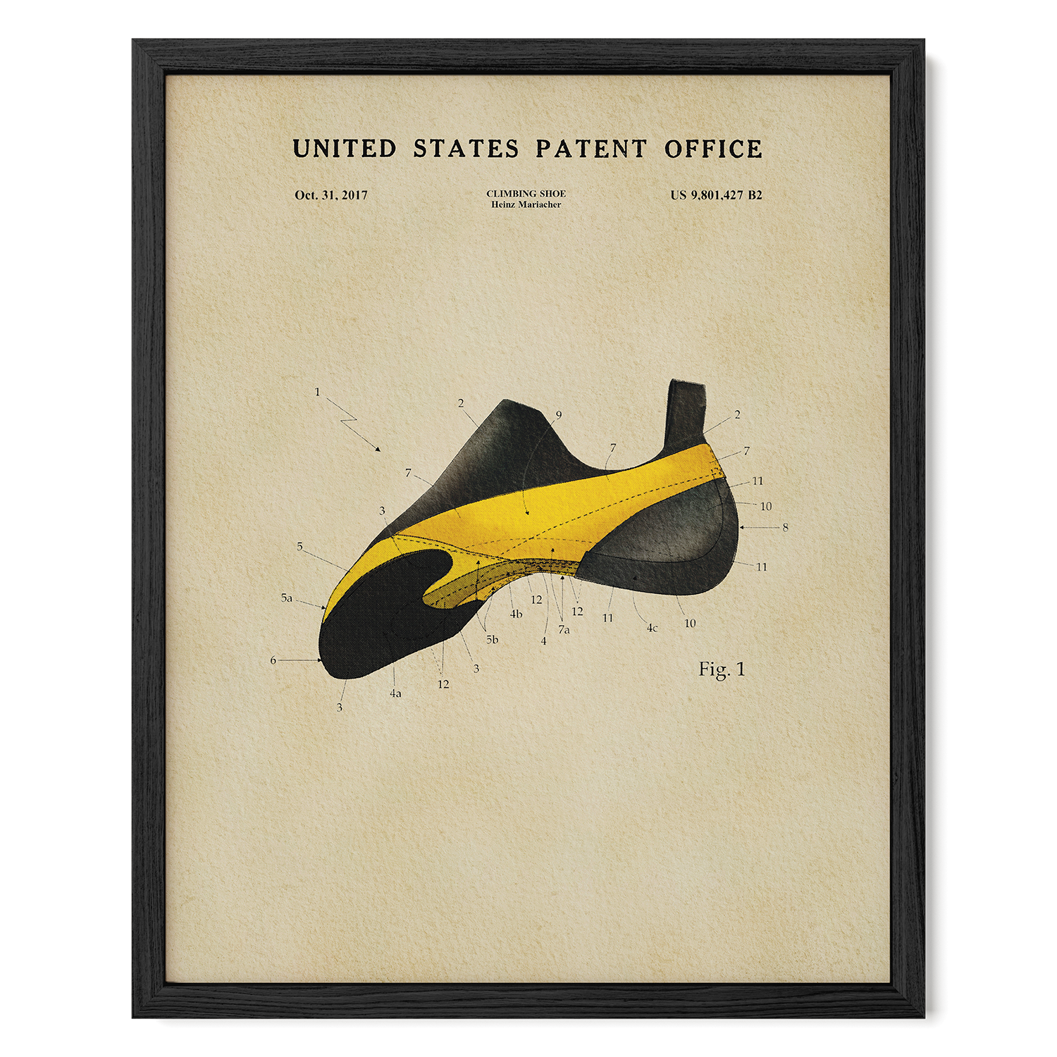 The image is a framed print depicting a detailed illustration of a shoe, with various numbered parts and labels.