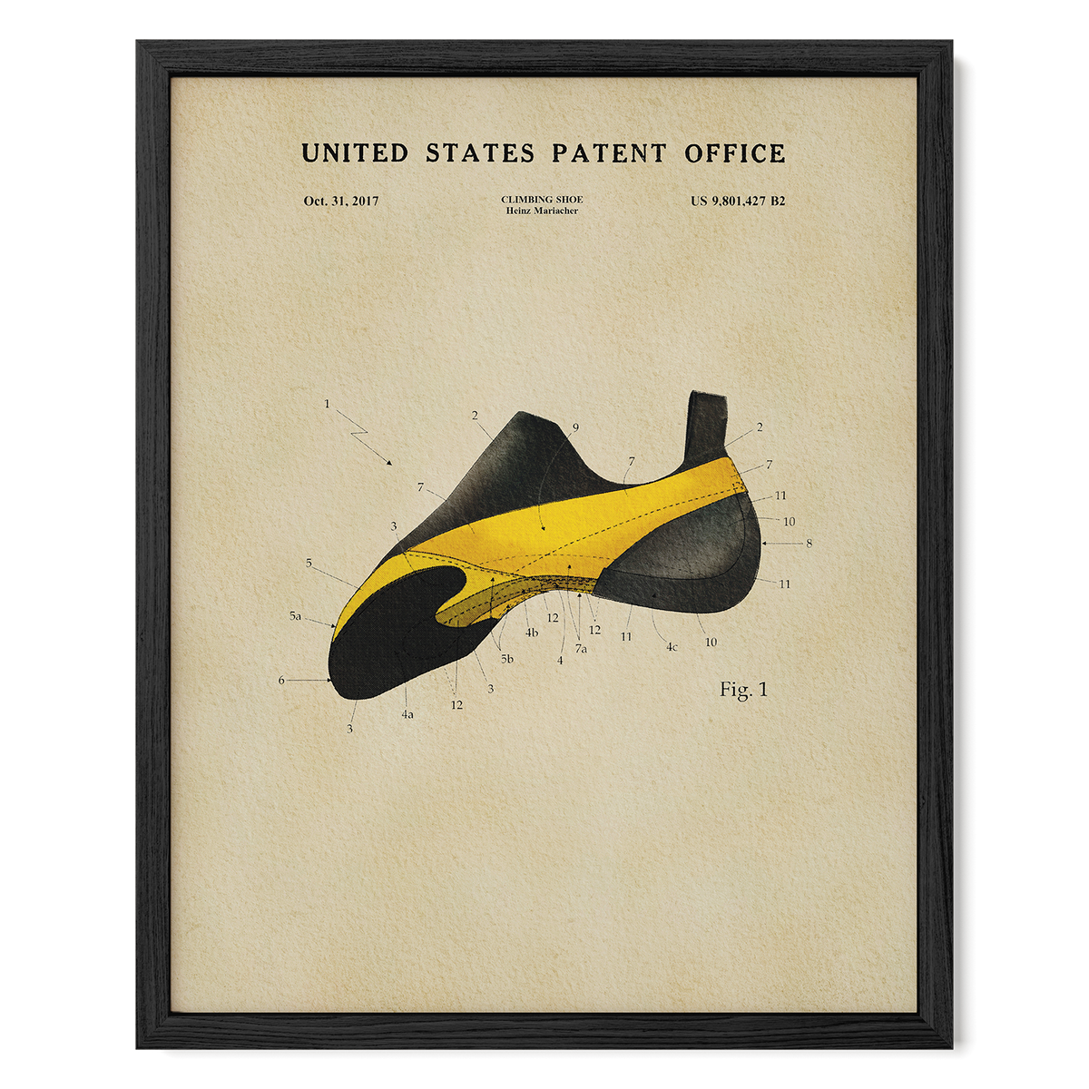 The image is a framed print depicting a detailed illustration of a shoe, with various numbered parts and labels.