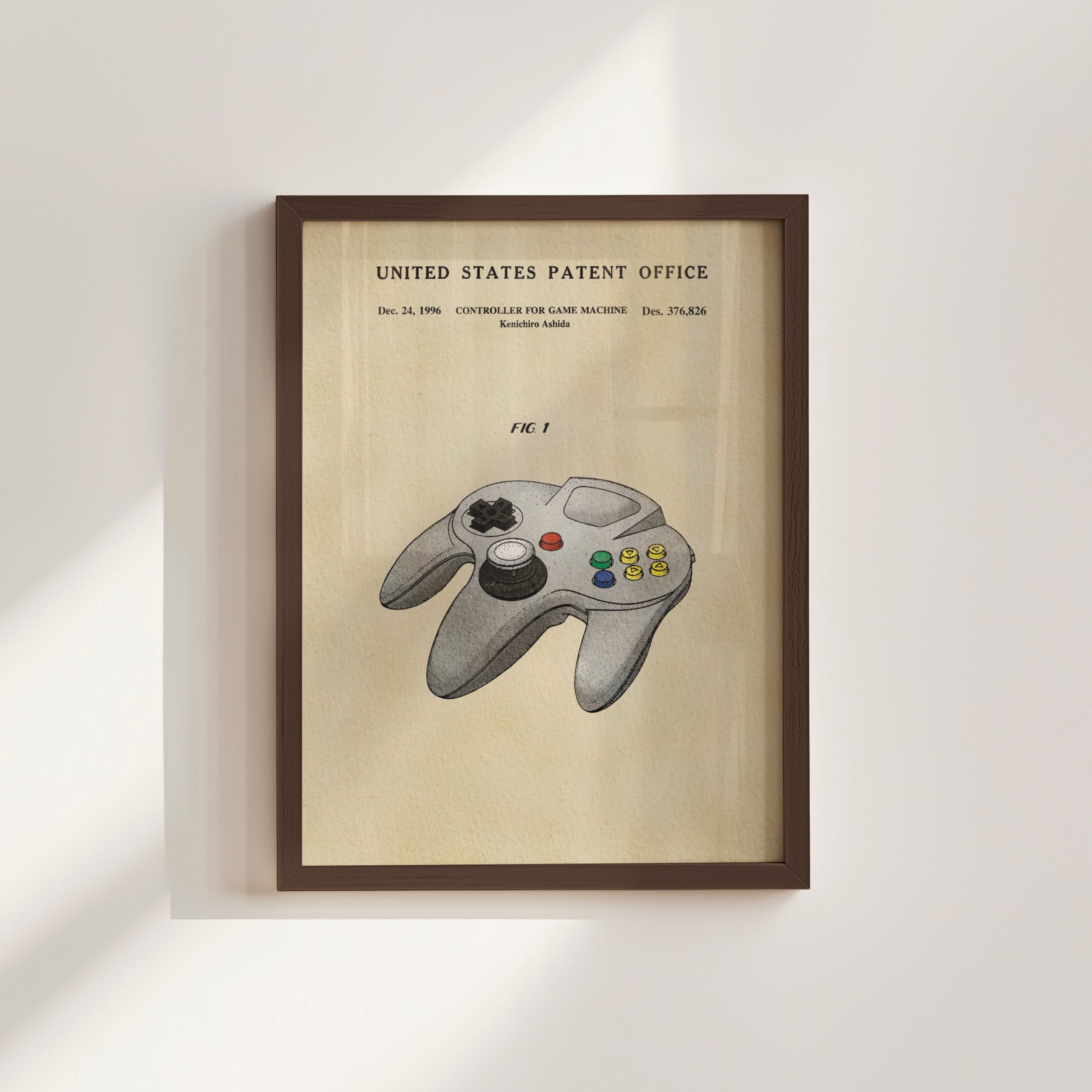 The image is a framed patent drawing of a Nintendo 64 controller, depicting the iconic controller design from the Nintendo 64 video game console.