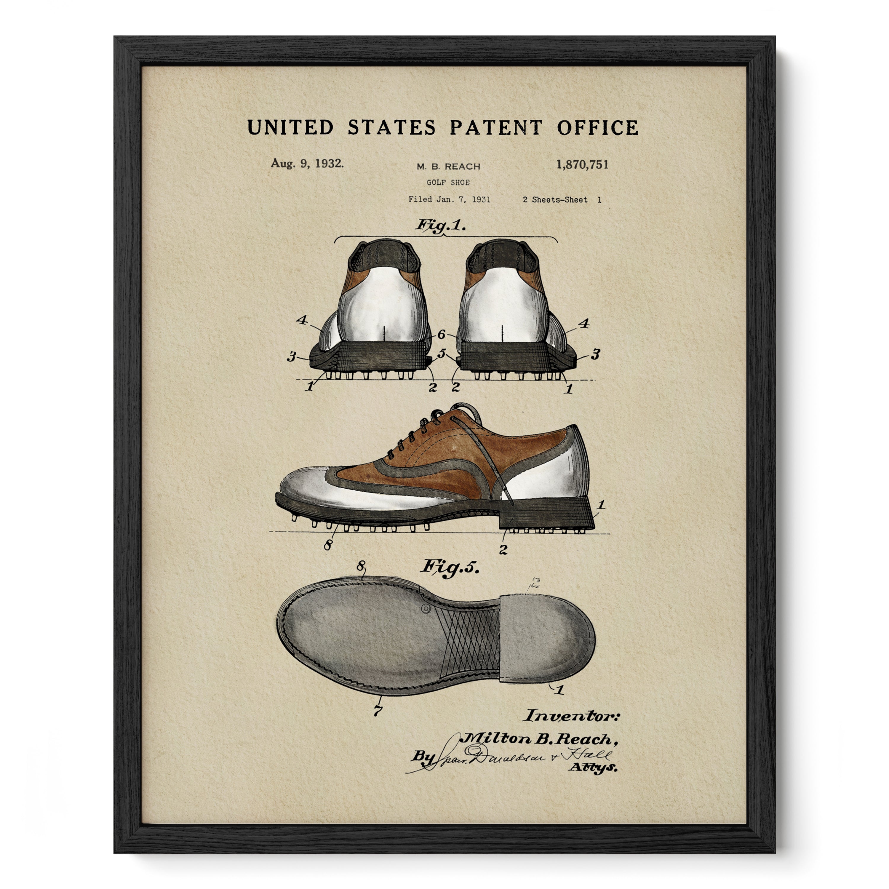 The image is a framed vintage patent drawing depicting a pair of shoes, likely from the early 20th century.