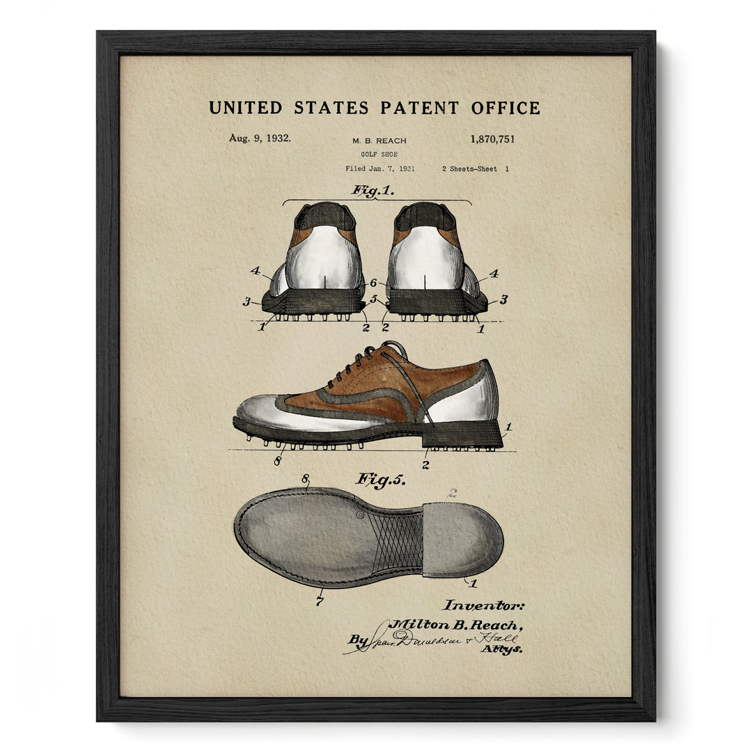The image is a framed vintage patent drawing depicting a pair of shoes, likely from the early 20th century.