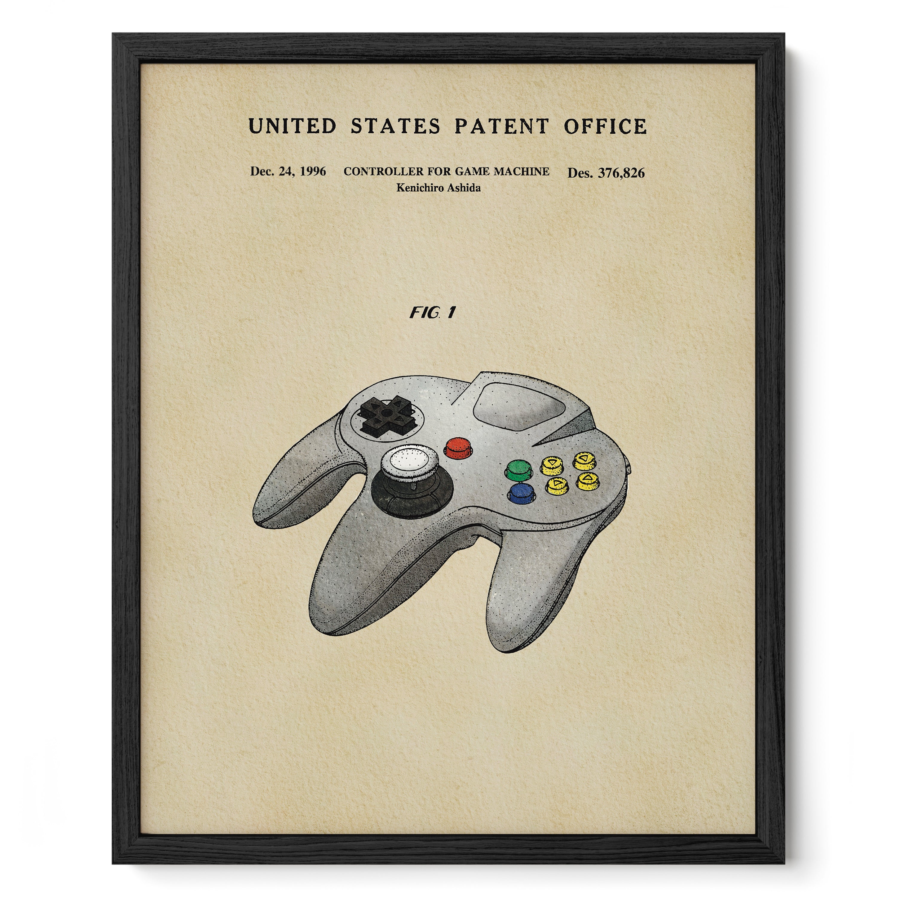 The image is a framed print depicting a Nintendo 64 controller, which is a classic video game console.