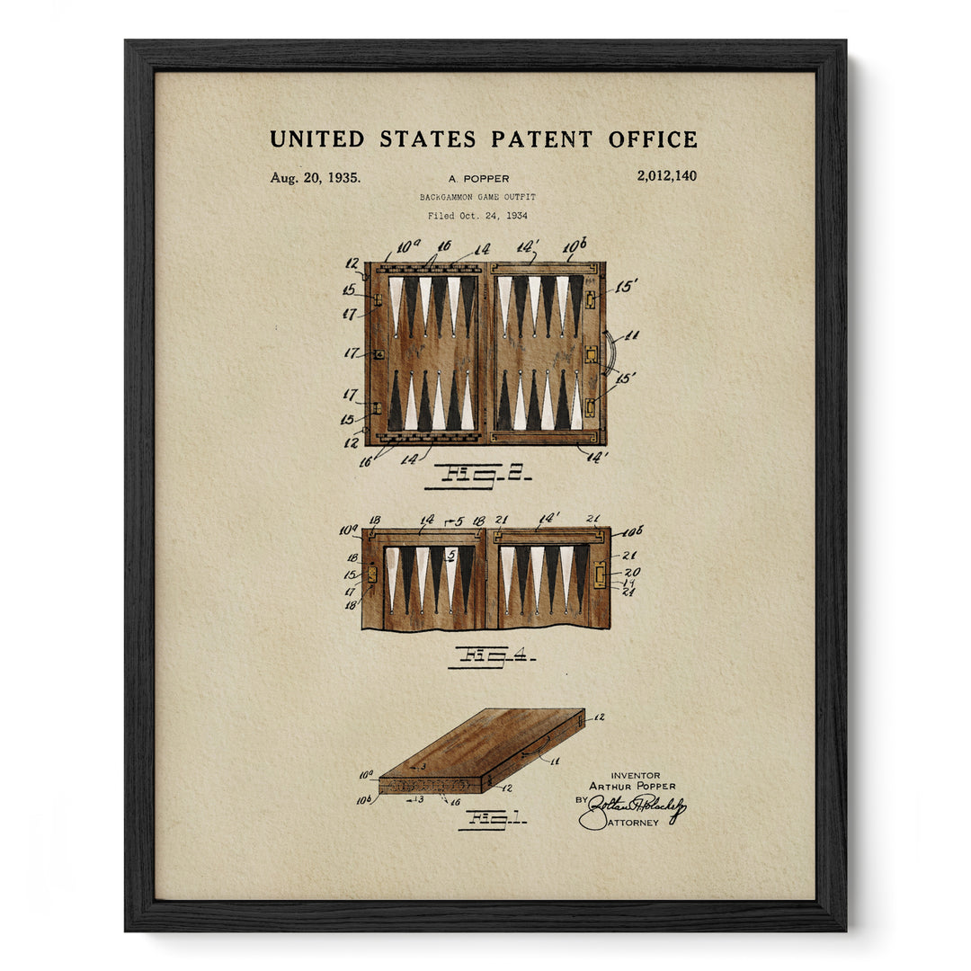 The image is a framed vintage United States patent from 1935, depicting a backgammon game with detailed technical drawings and annotations.