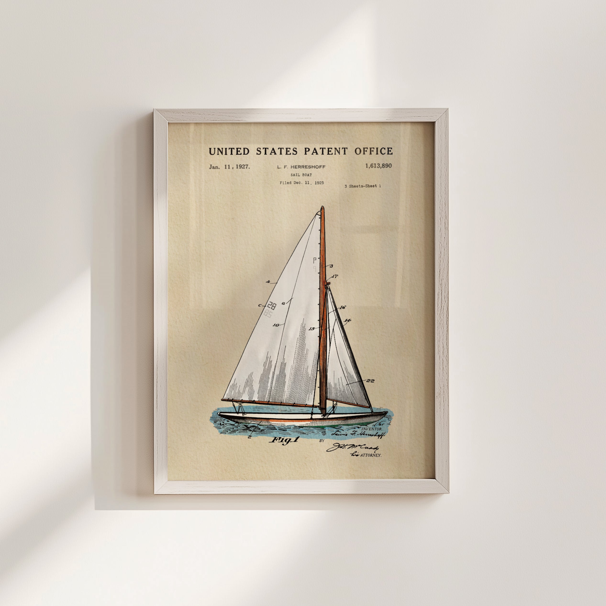 A framed print of a United States patent office patent from January, 1827, featuring a drawing of a sailboat.