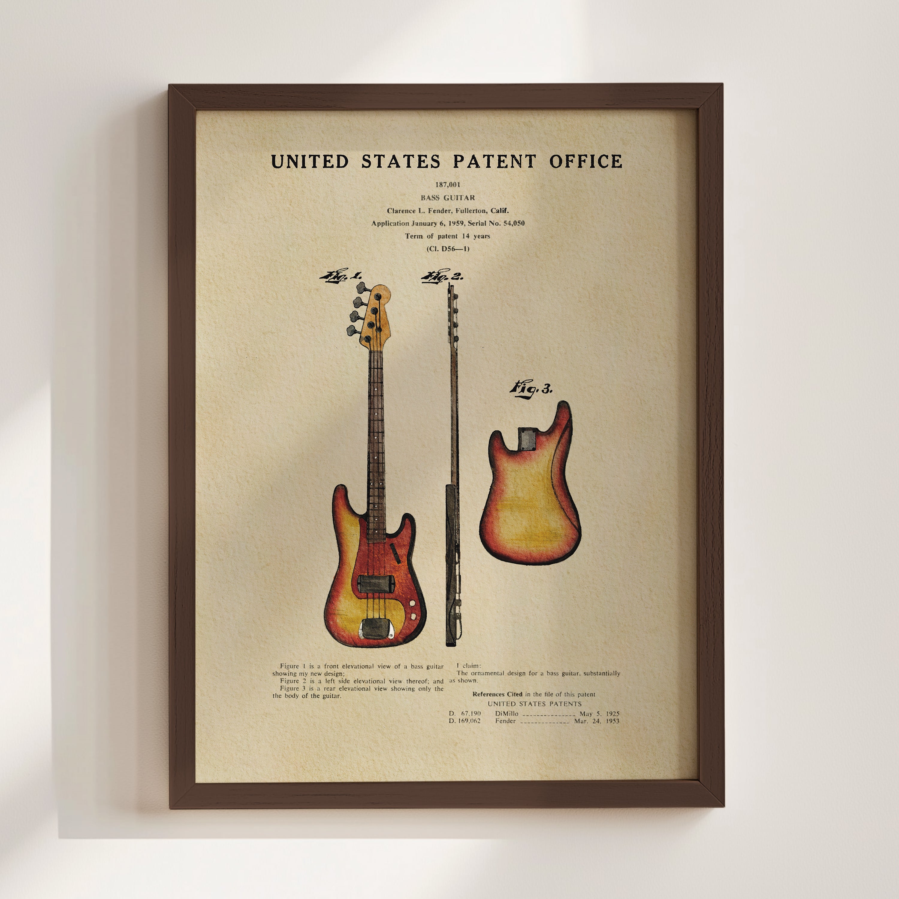 The image is a framed print of a guitar patent from the United States Patent Office, featuring two different guitar designs.