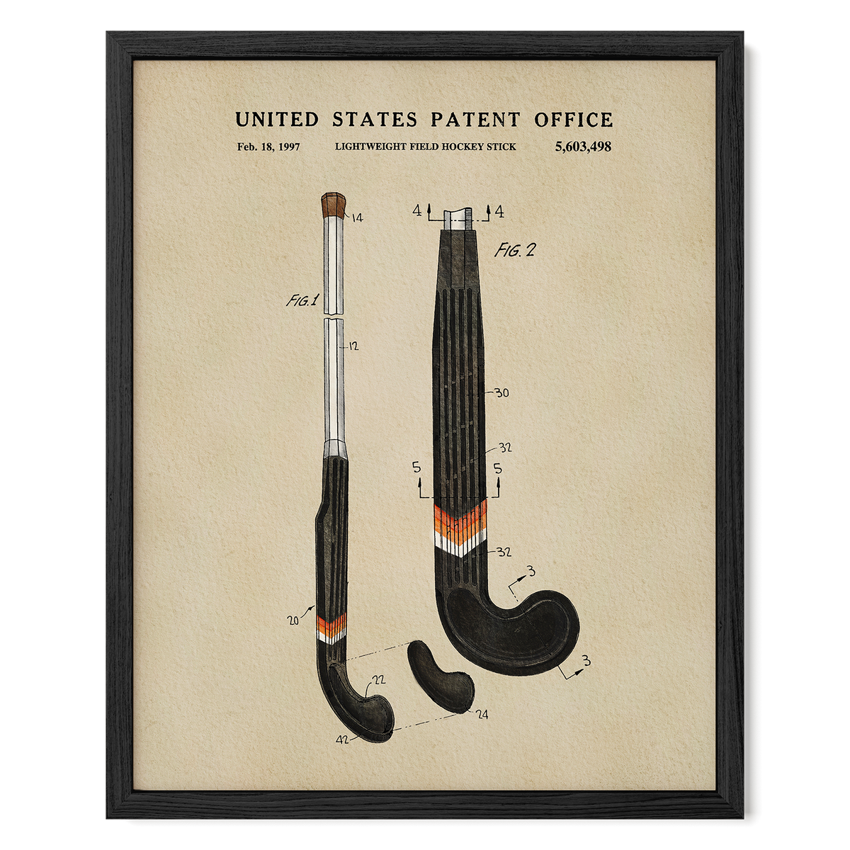 The image is a framed patent drawing depicting a hockey stick with detailed technical drawings and measurements.