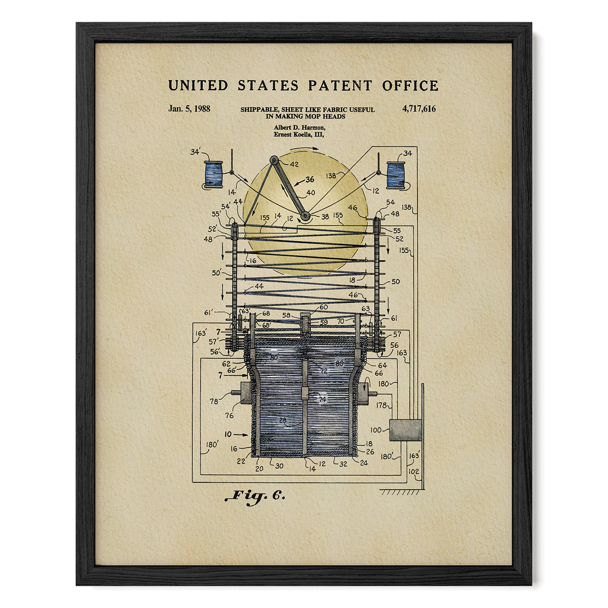The image is a framed patent office patent from the United States, dated Jan. 5, 1988, depicting a clock-like device with a dial and a chain.