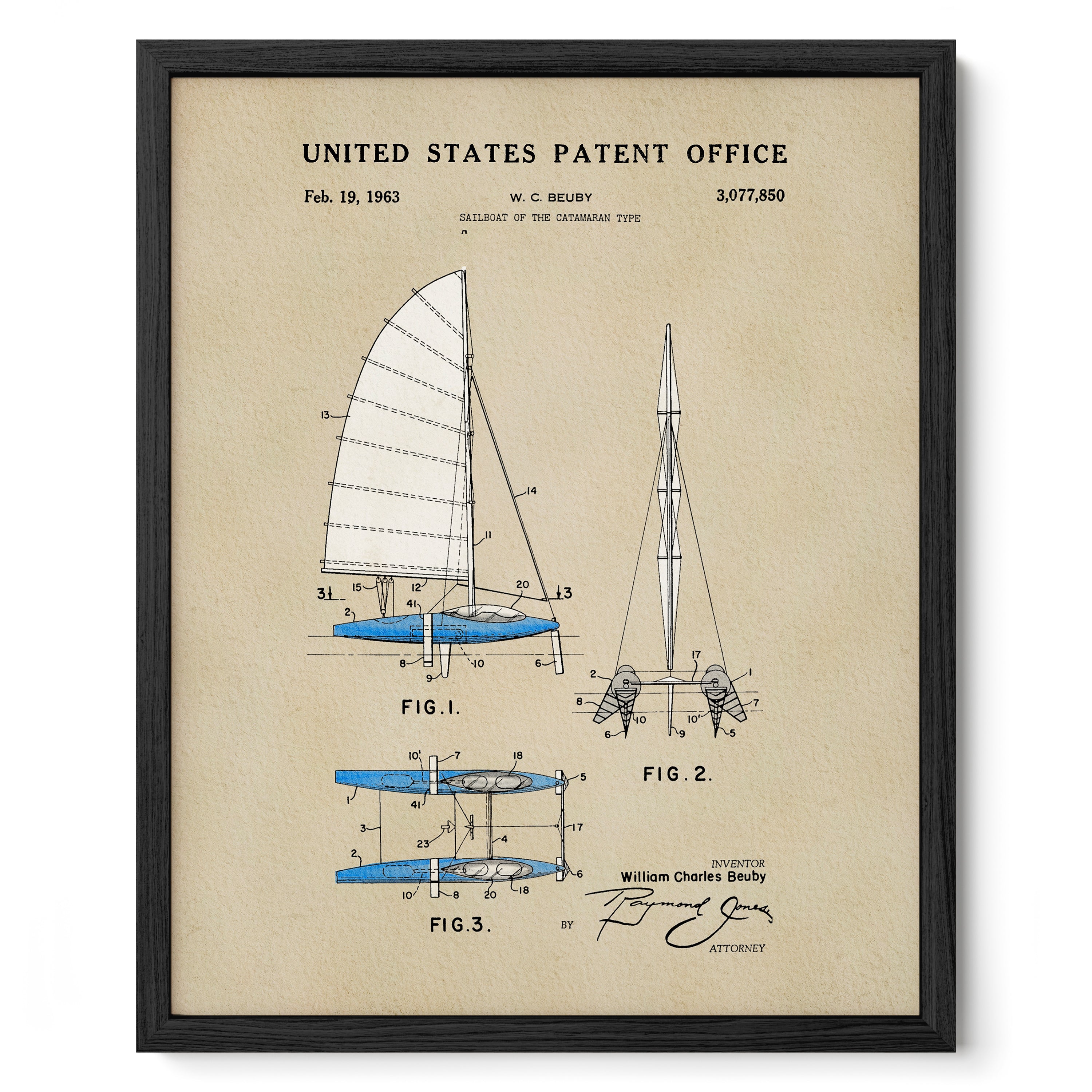 The image is a framed patent drawing depicting a sailboat with detailed technical drawings and specifications.