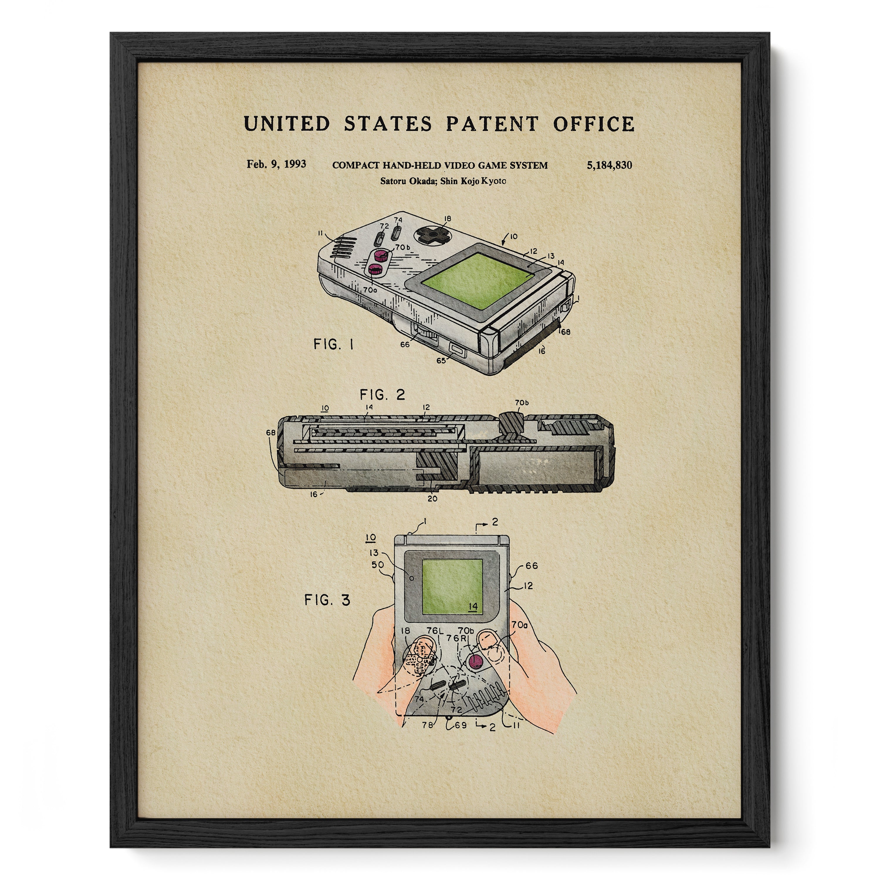The image is a framed patent drawing depicting a compact handheld video game system, specifically the Sony Oda-Shina Koji system.