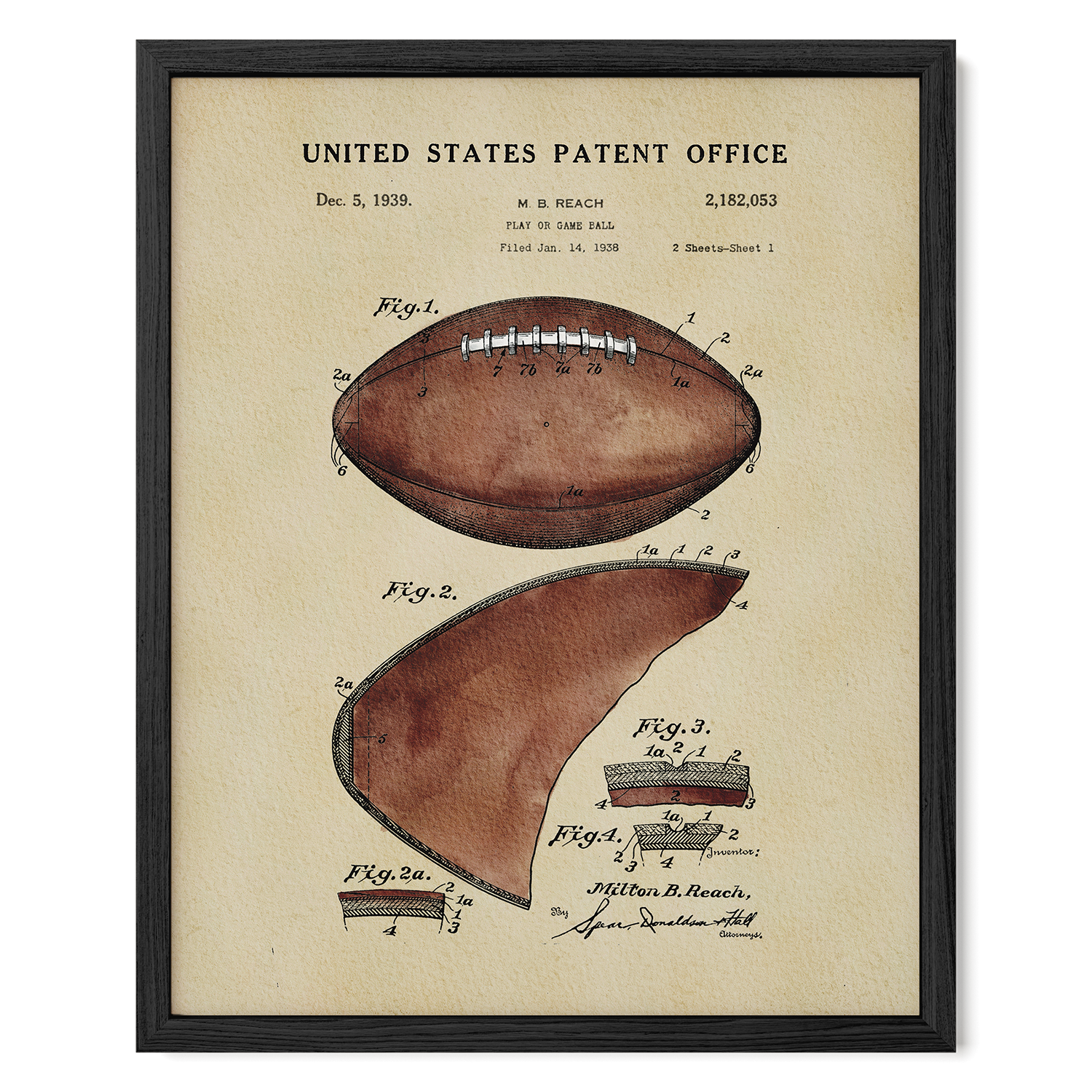 The image is a framed vintage patent drawing of a football, depicting the design and features of the ball.