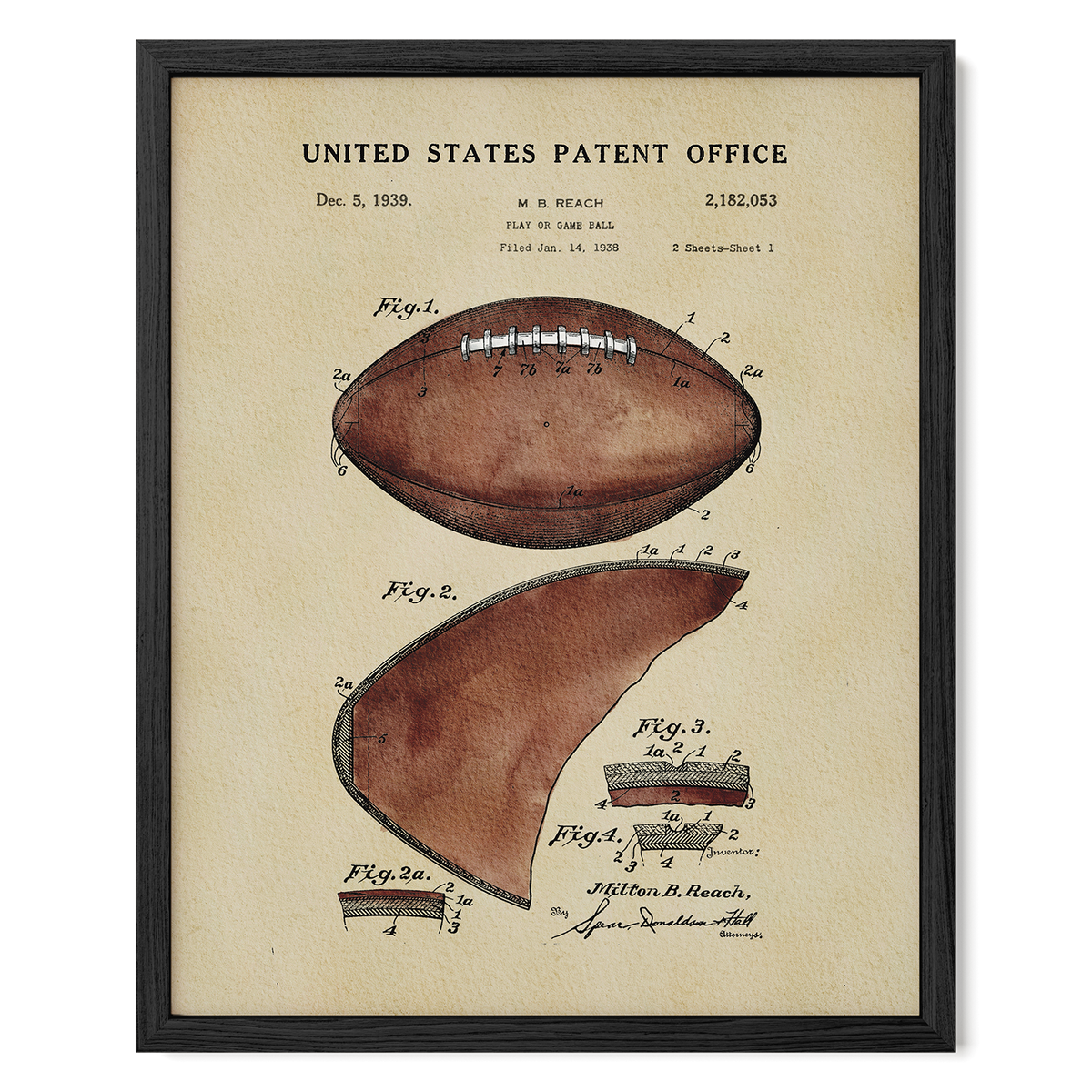 The image is a framed vintage patent drawing of a football, depicting the design and features of the ball.