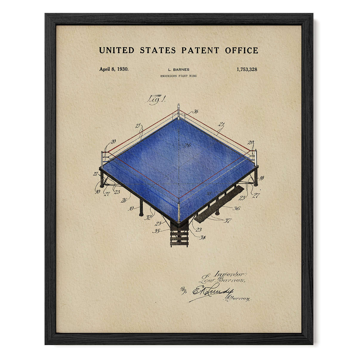 The image is a framed patent drawing depicting a blue structure with various technical drawings and annotations.