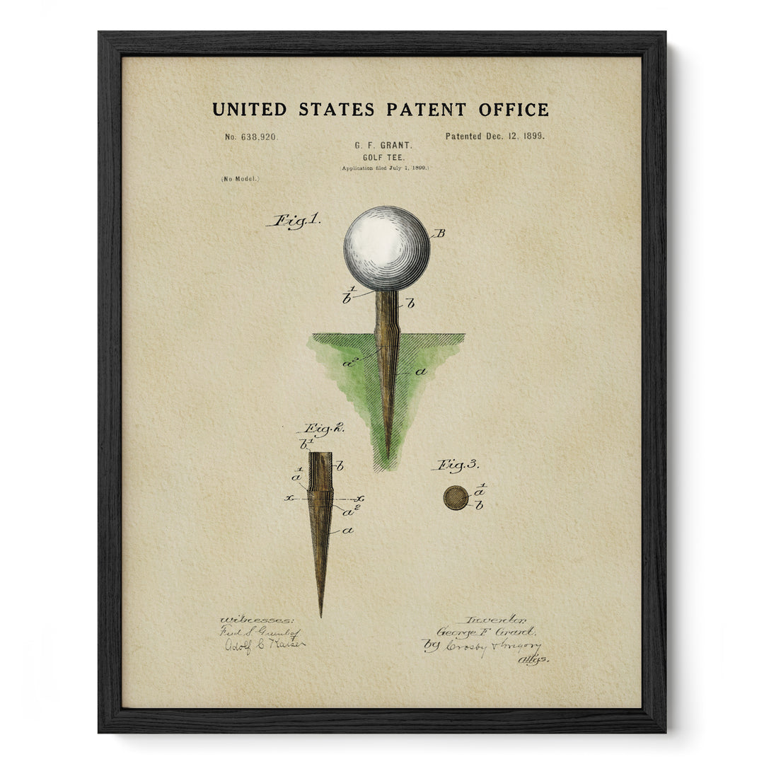 The image is a framed print of a United States patent office patent from December 12, 1899, featuring a golf tee and its patent application.