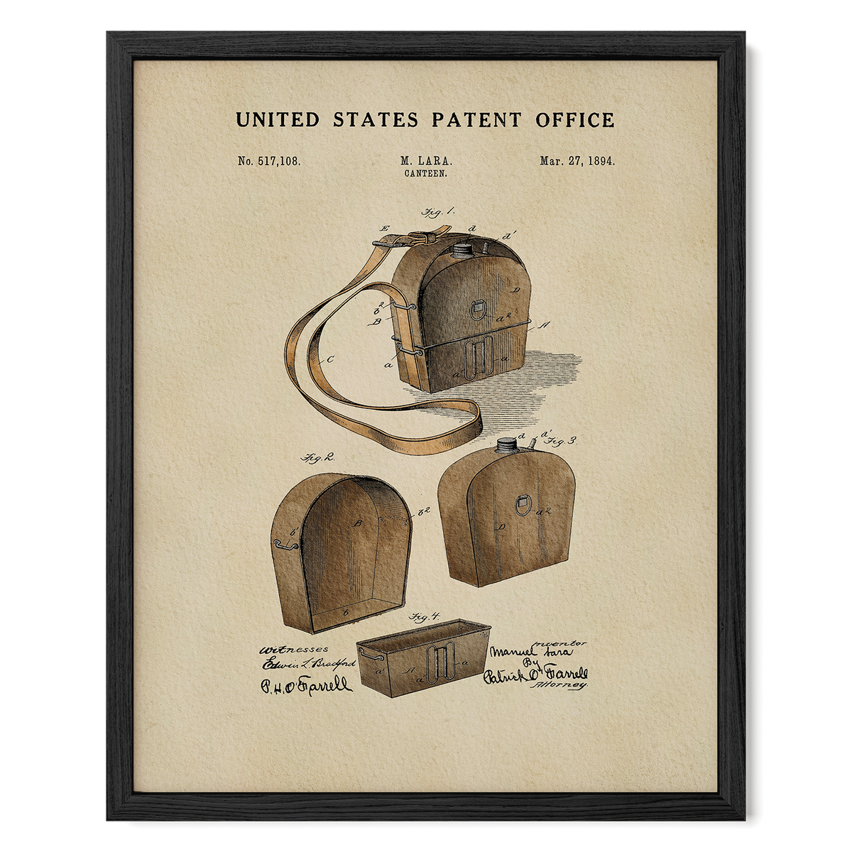 The image is a framed print depicting a patent application for a wooden bag or case, dated Mar. 27, 1994.
