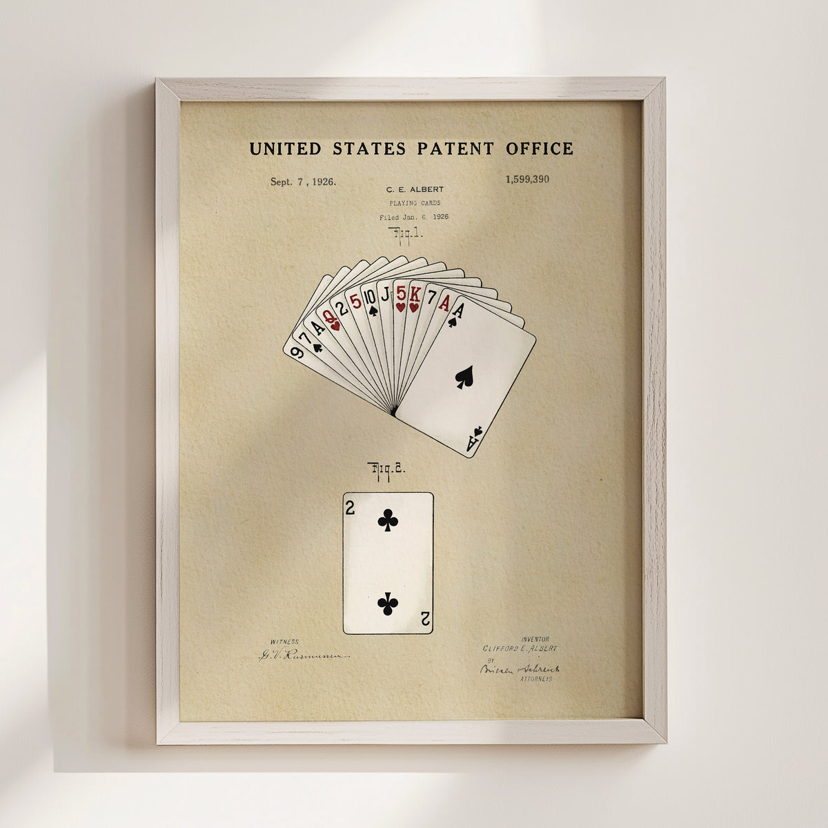 The image is a framed print of a patent application from the United States Patent Office, dated September 7, 1928, and titled "Playing Card."