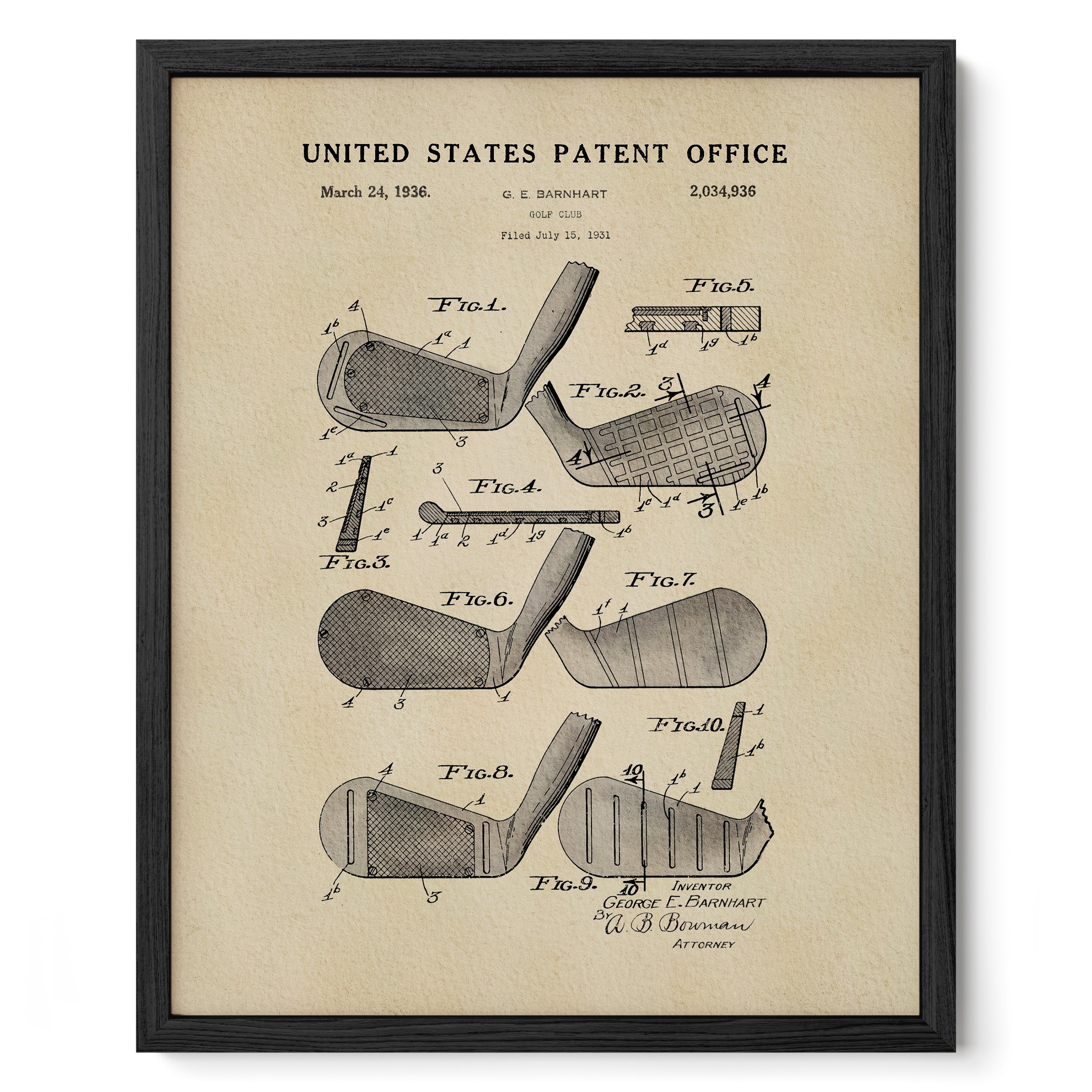 The image is a framed vintage patent drawing of a golf club, depicting various parts of the club such as the head, shaft, and grip.