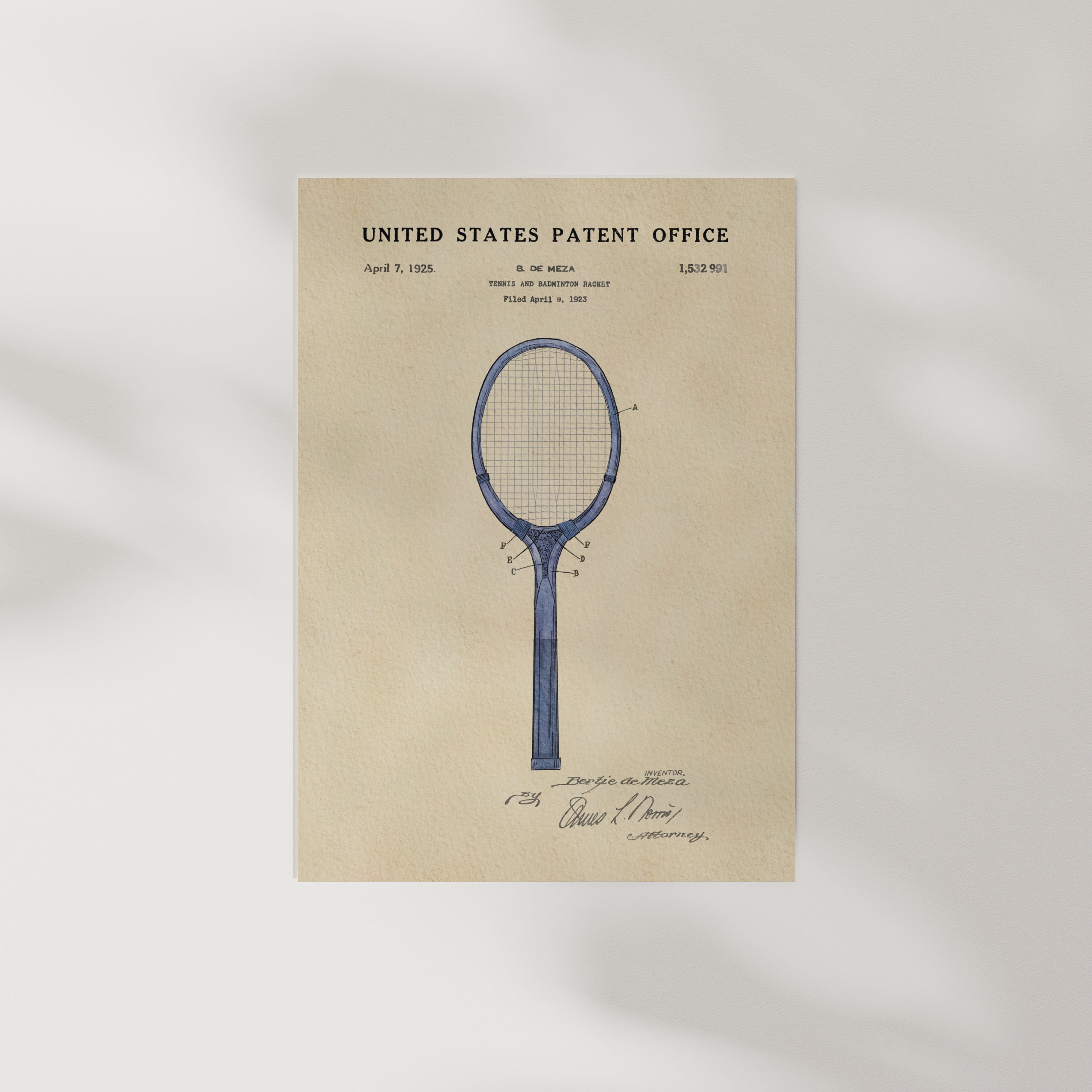 The image is a patent drawing of a tennis racket from the United States Patent Office dated April 25, 1925.